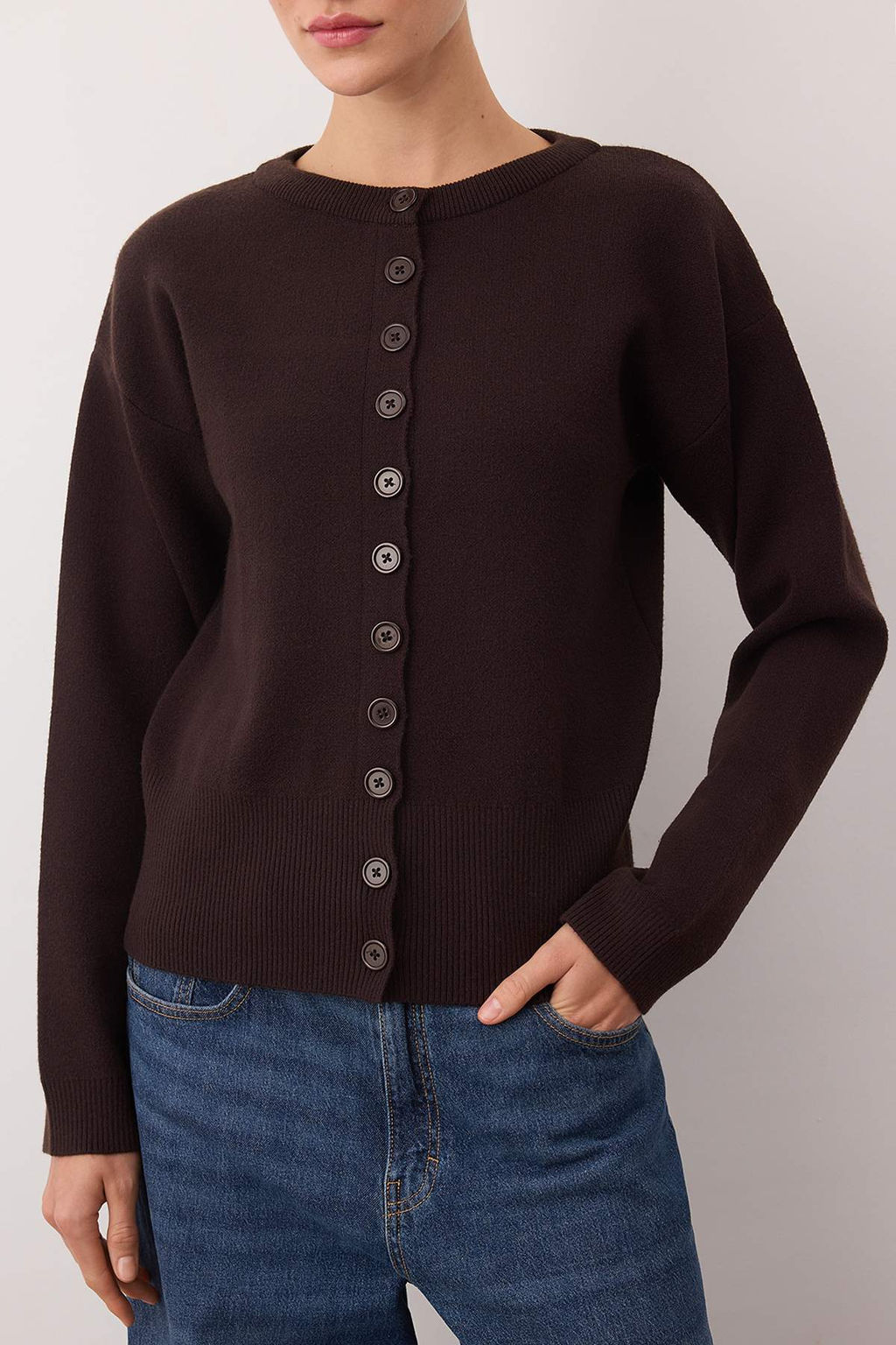 Kahverengi 2li Premium Iplik/Ozel Iplik Bisiklet Yaka Basic Triko H?rka-Bluz Tak?m TWOAW26HI00124