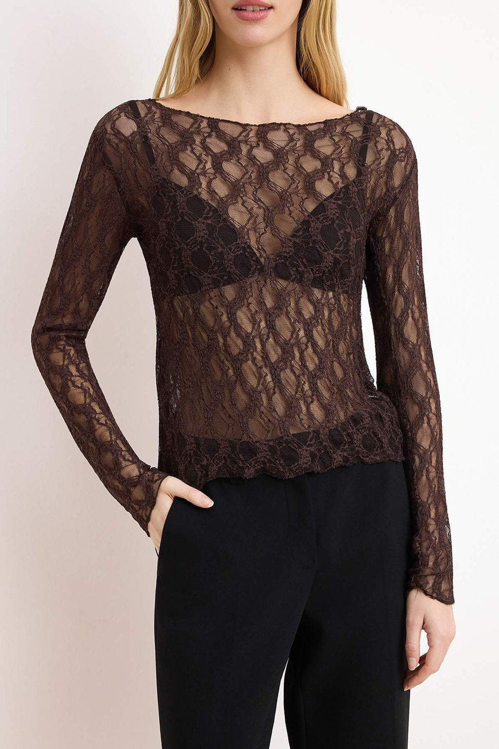 Kahverengi Fitted/Vucuda Oturan Kay?k Yaka Uzun Kollu Dantel Orme Bluz TWOSS26BZ00638 - Trendyolmilla фото 3