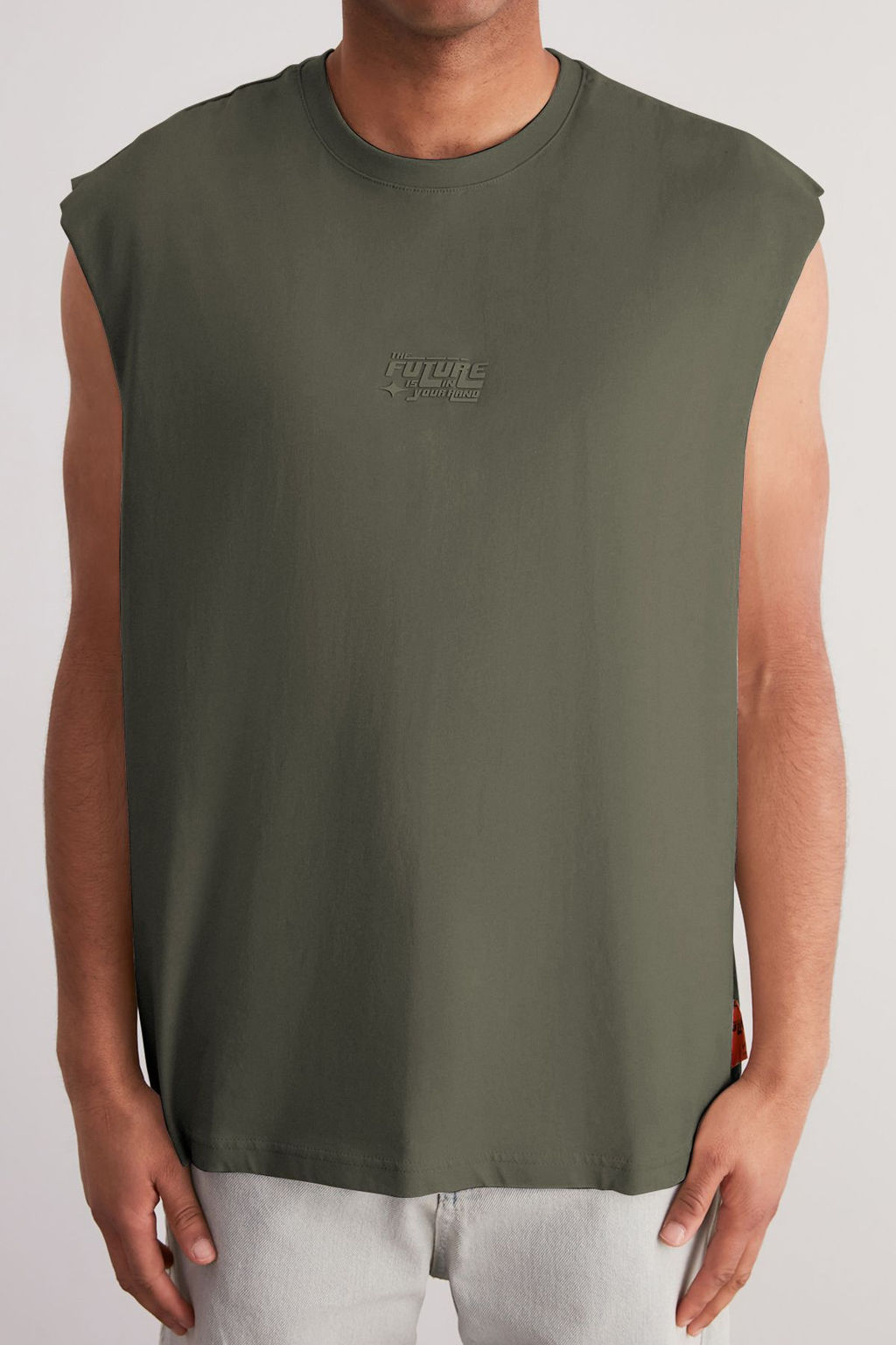 Gri Oversize/Genis Kesim Kabar?k Yaz? Bask?l? Etiketli S?f?r Kol T-Shirt/Atlet TMNSS24AL00005