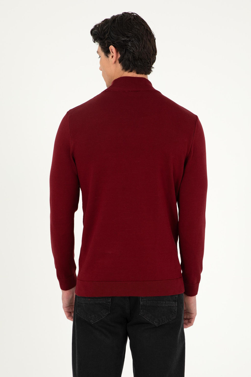 Erkek Slim Fit Yar_m Bo_azl_ Bordo Basic Kazak