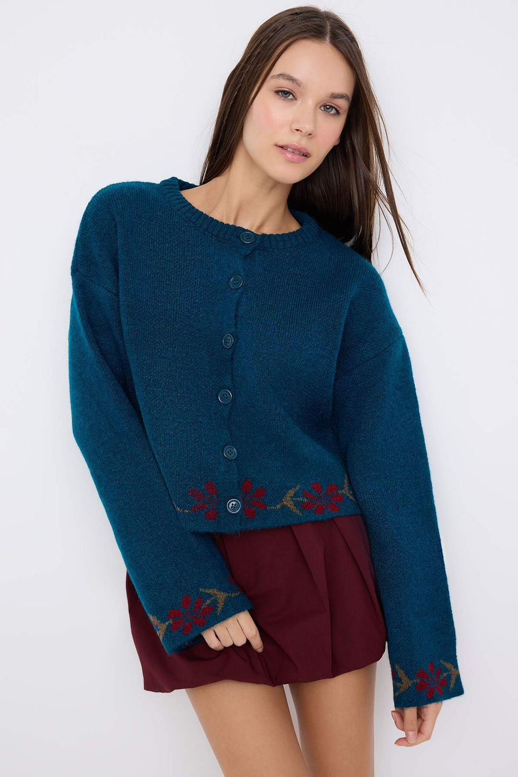 Kahverengi Yumusak Dokulu Cicek Desenli Triko H?rka TWOAW26HI00152 - Trendyolmilla фото 9