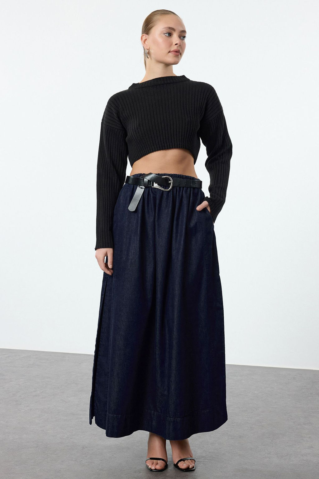 Lacivert Y?rtmacl? Beli Lastikli Yuksek Bel Maxi Denim Balon Etek TWOAW25ET00100 - Trendyolmilla фото 2