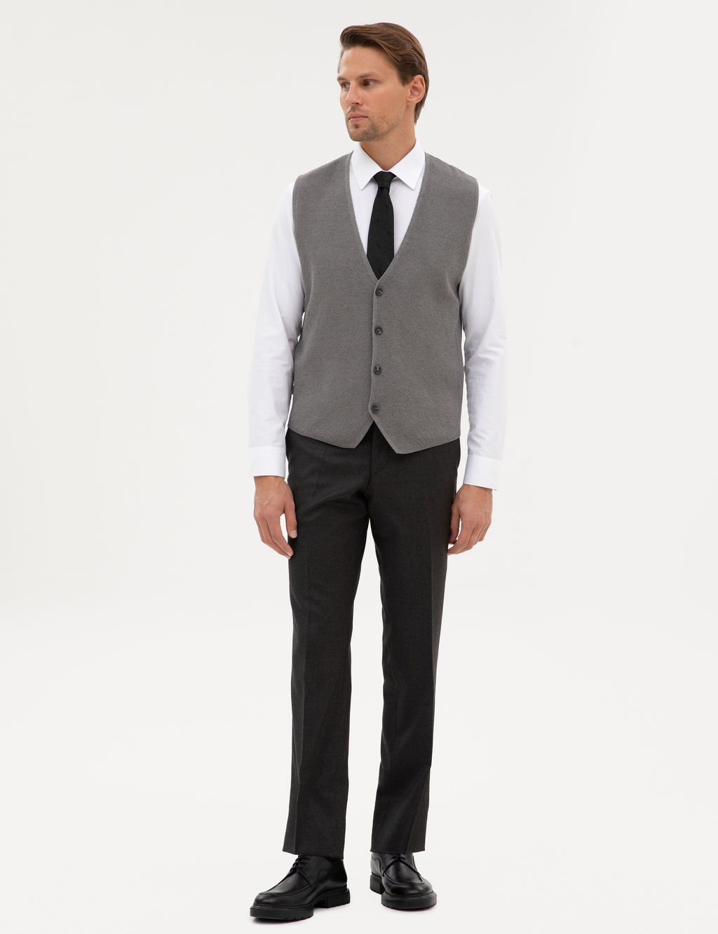 Gri Melanj Slim Fit V Yaka Triko Yelek