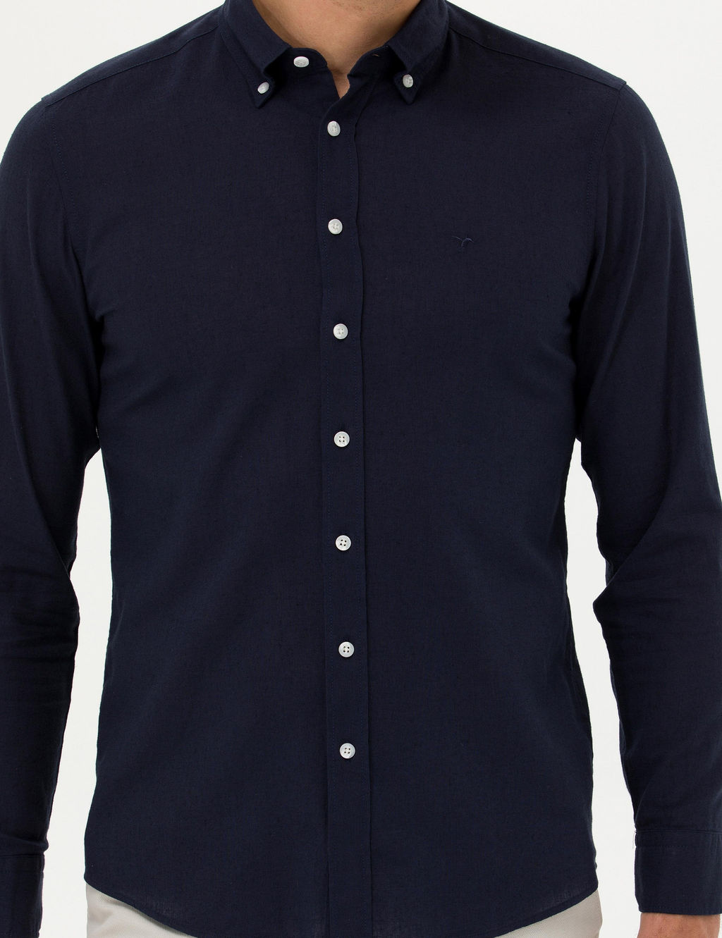 Рубашка узкого кроя из смесового льна темно-синего цвета - Cacharel фото 6