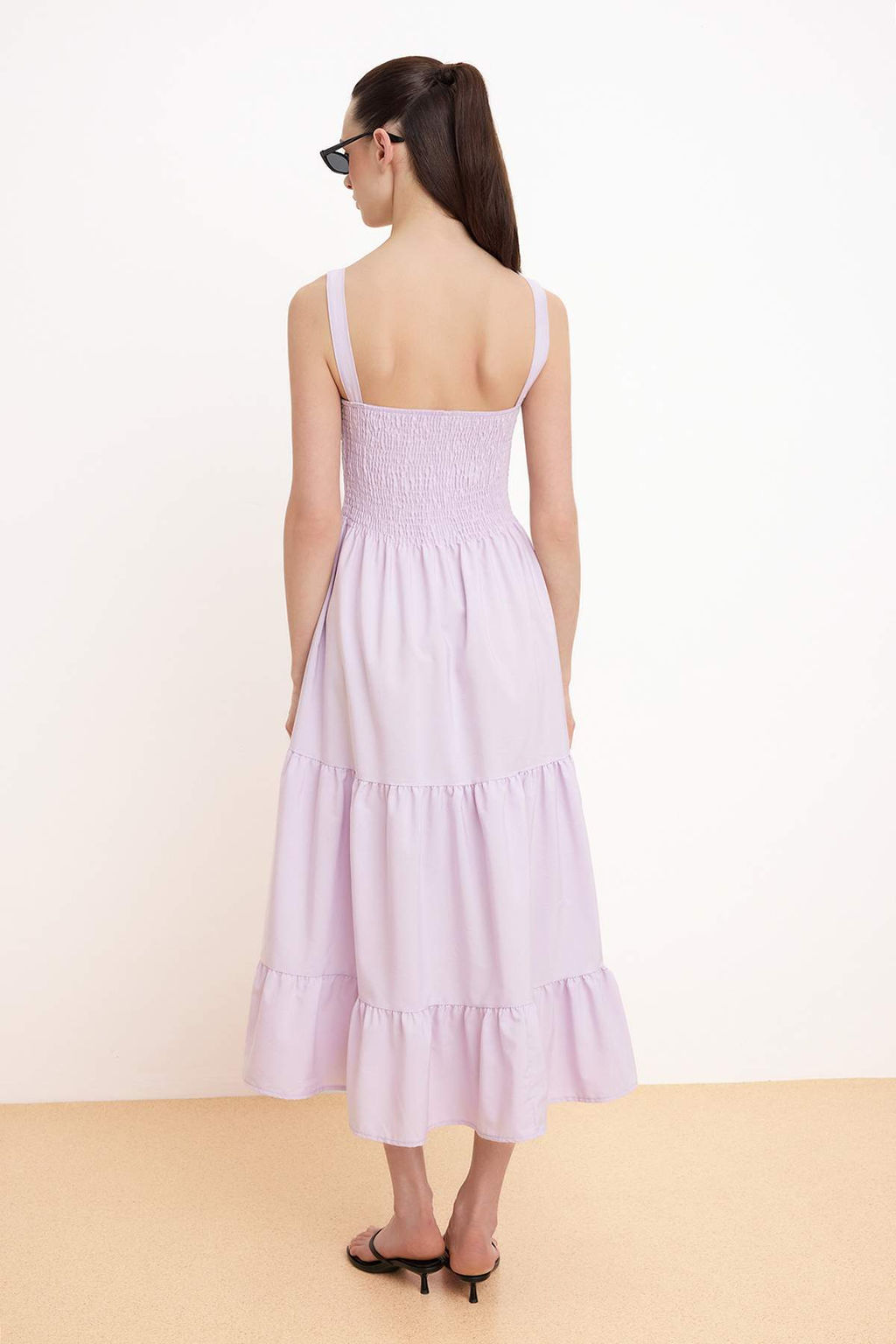 Lila Duz Etegi Belden Ac?lan Gipeli Maxi Dokuma Elbise TWOSS24EL01052