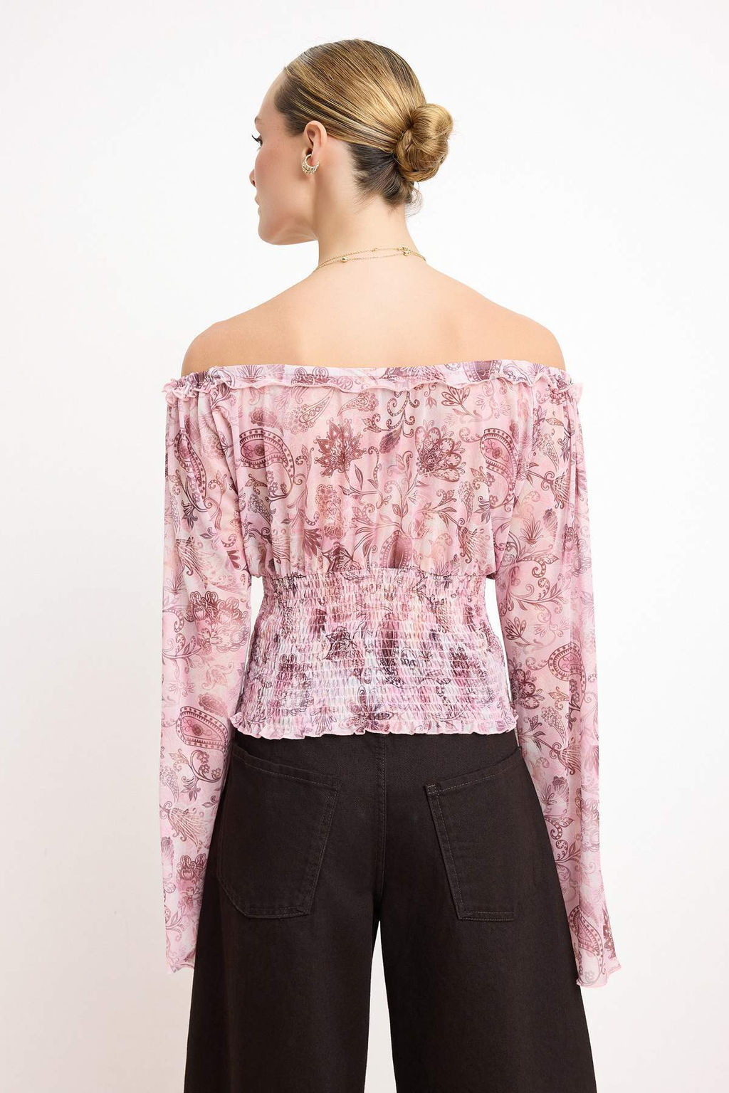 Cok Renkli Sal Desen Fitted/Vucuda Oturan Havuz Yaka Gipeli Crop Tul Orme Bluz TWOSS26BZ00146 - Trendyolmilla фото 4