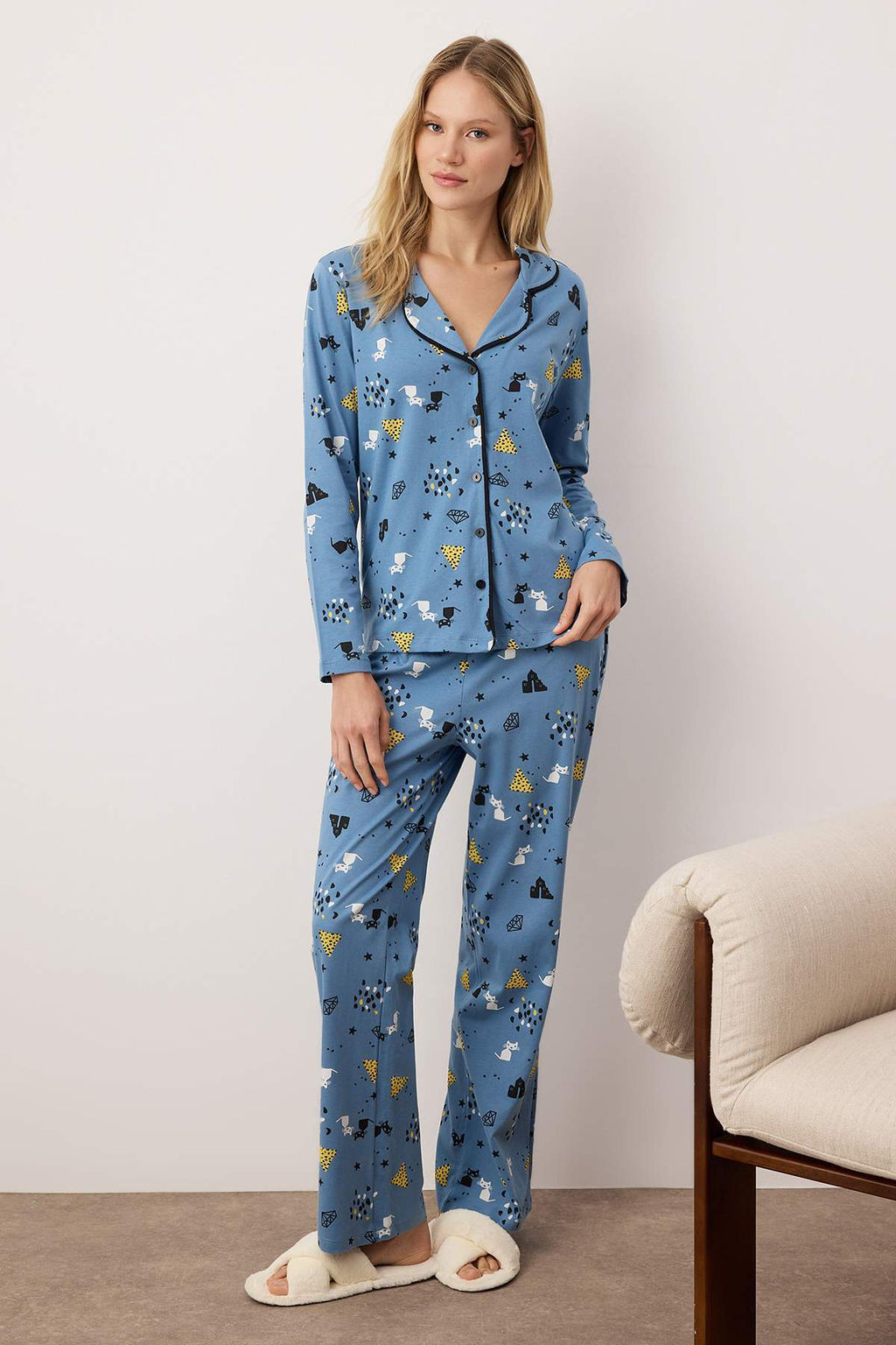 Trendyolmilla Cok Renkli %100 Pamuklu Desenli Orme Pijama Tak?m? THMAW21PT0084  фото 12