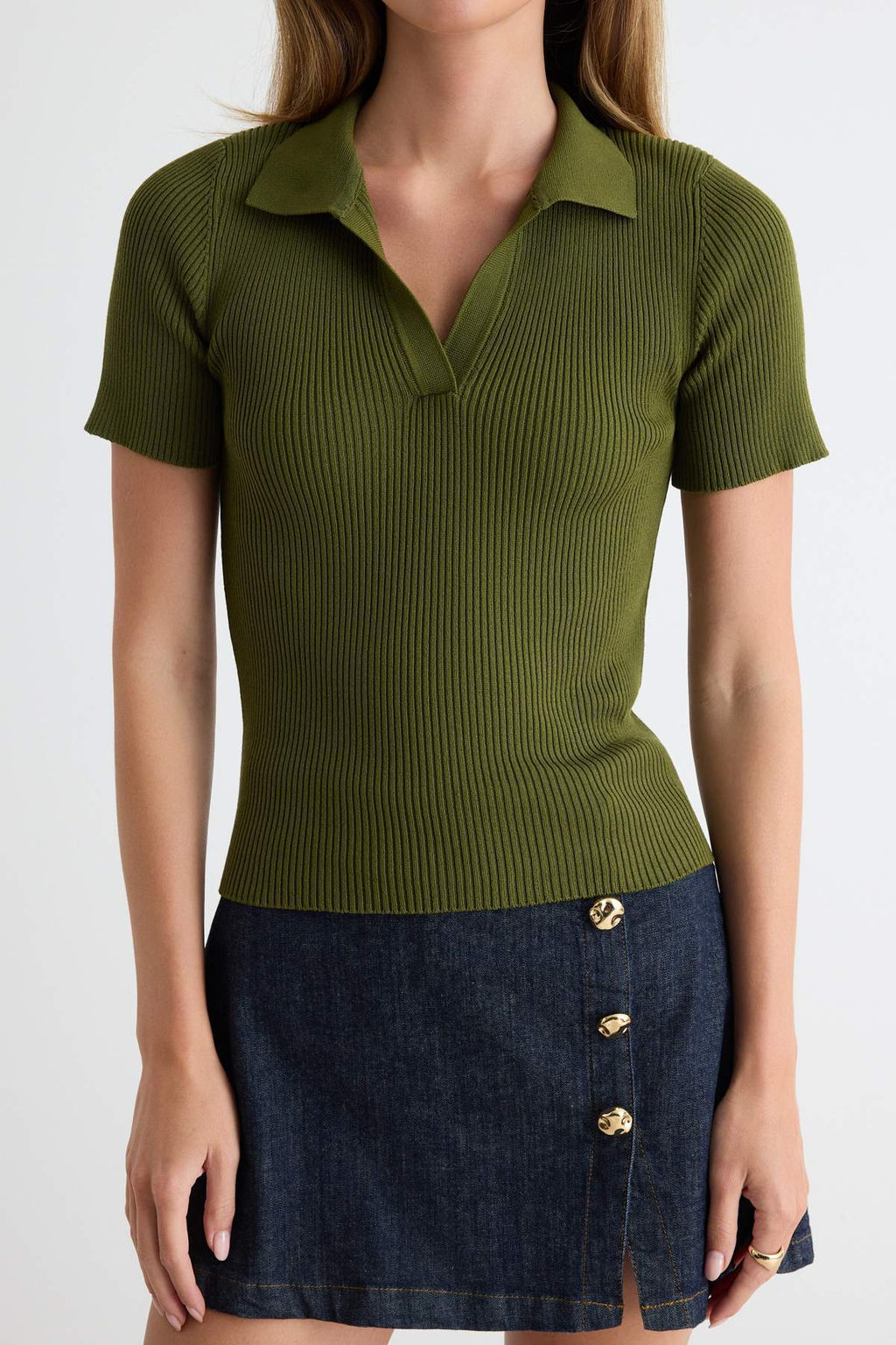 Haki More Sustainable Basic Polo Yaka Triko _nce Bluz TWOSS26BZ00505