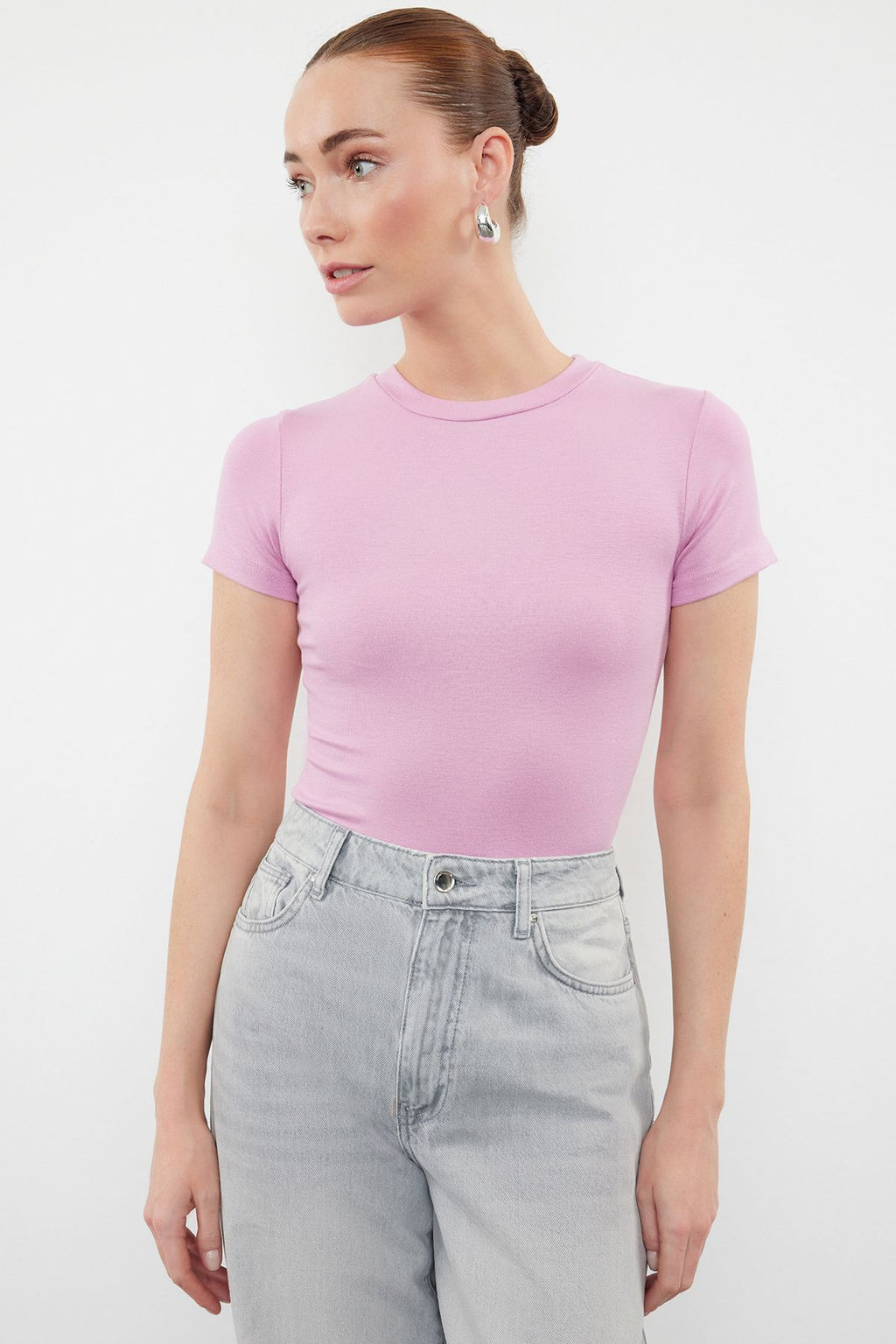 Pembe Viskoz/Yumusak Kumas Vucuda Oturan Esnek Orme Bluz TWOSS24BZ00296