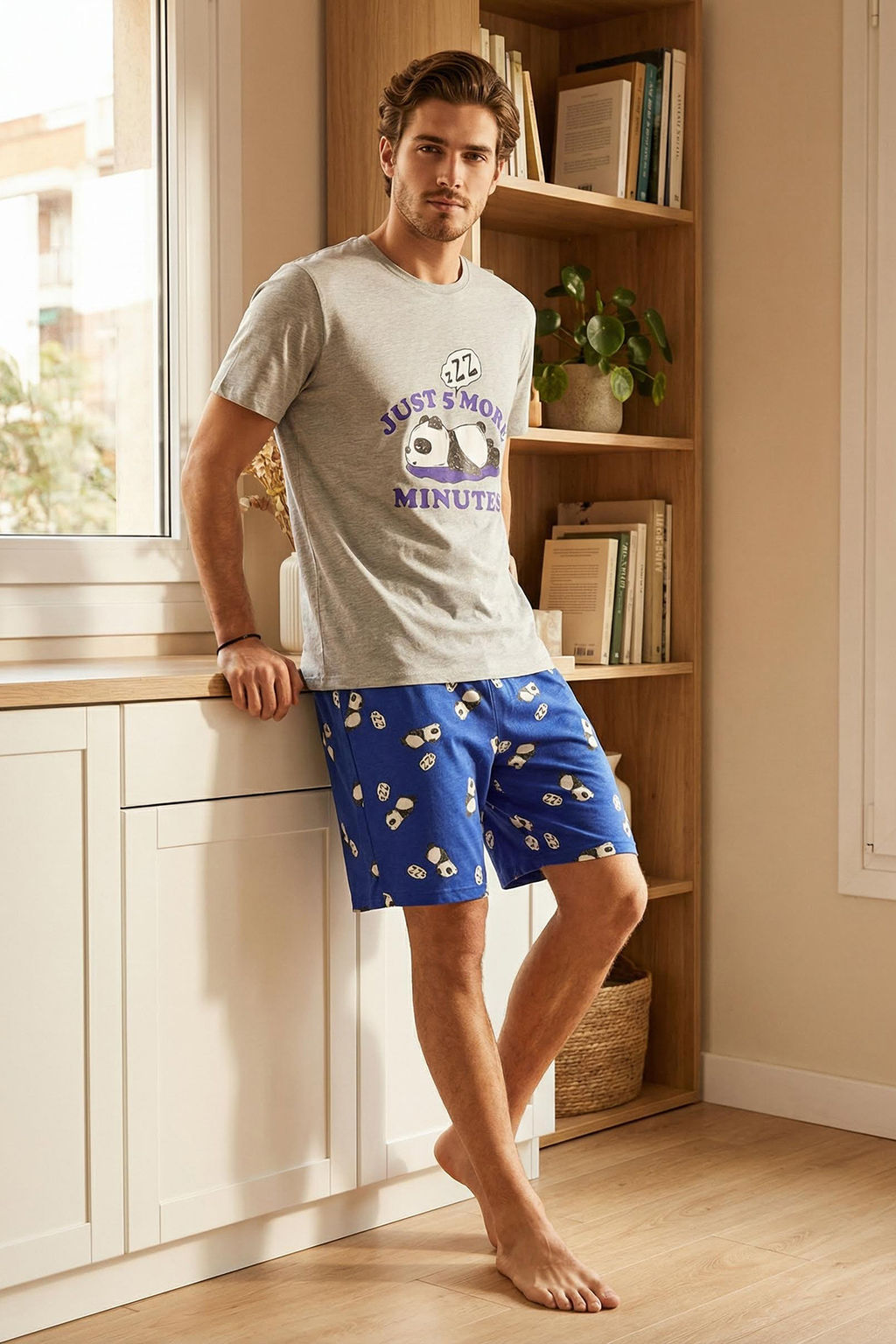 Trendyolmilla Man Gri Slim Fit Fit Panda Bask? Sortlu Orme Pijama Tak?m? TMNSS25PT00063  фото 5