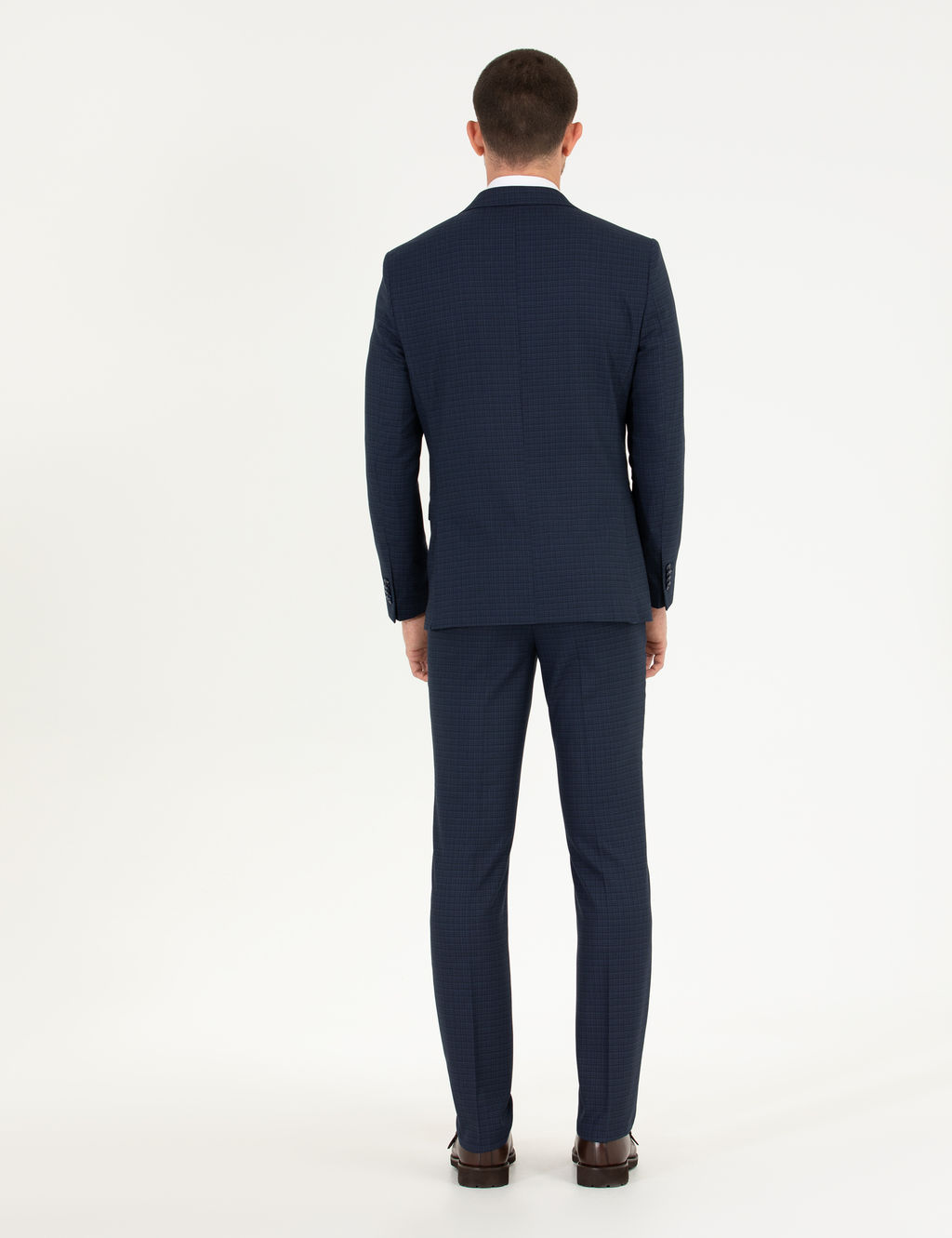 Ekose Lacivert Slim Fit Tak_m Elbise