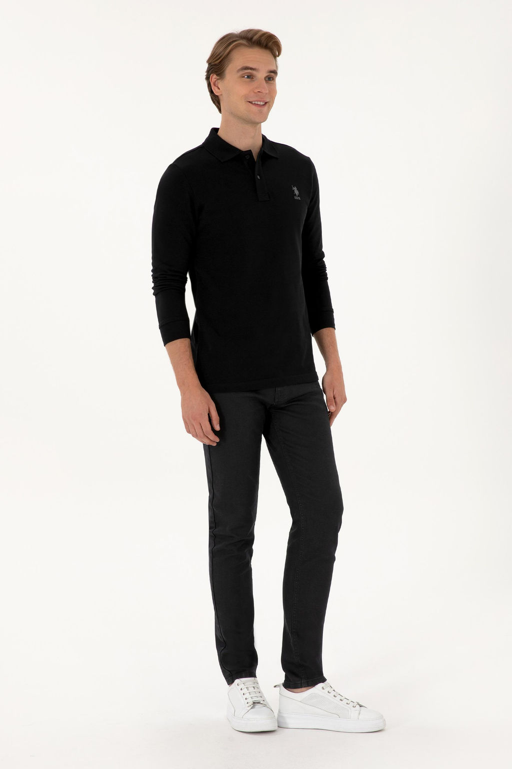 Erkek Regular Fit Polo Yaka Siyah Basic Sweatshirt