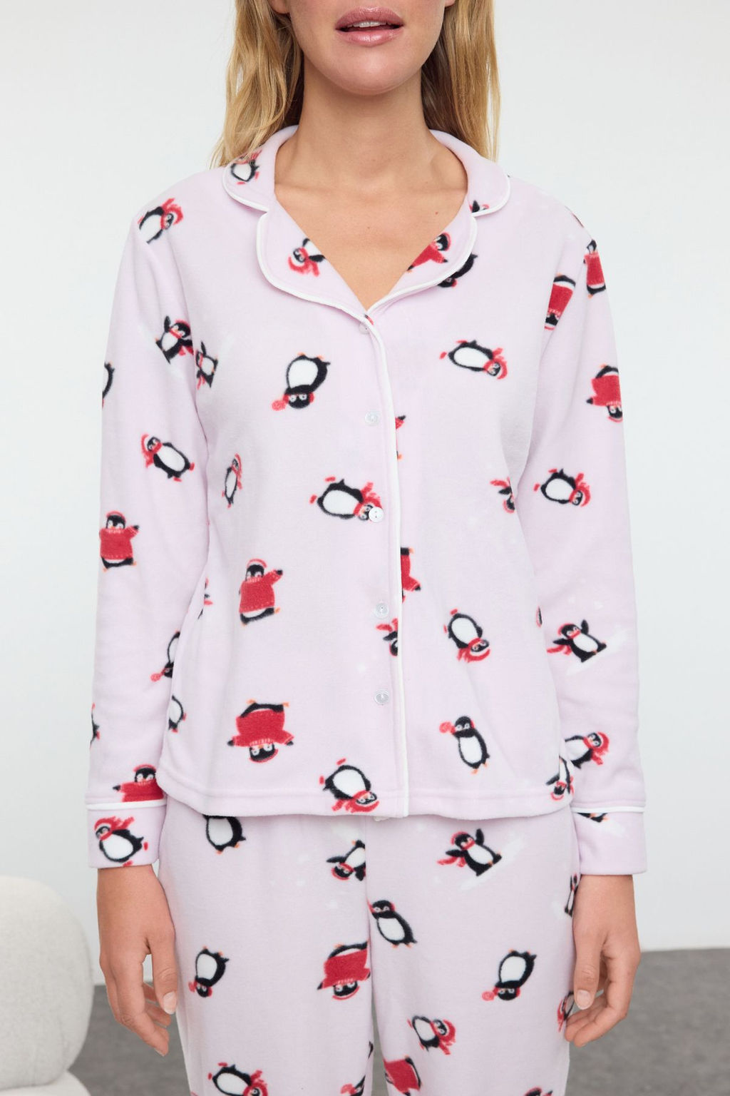 Pembe Penguen Desenli Biye Detayl? Polar K?sl?k Orme Pijama Tak?m? THMAW25PT00029