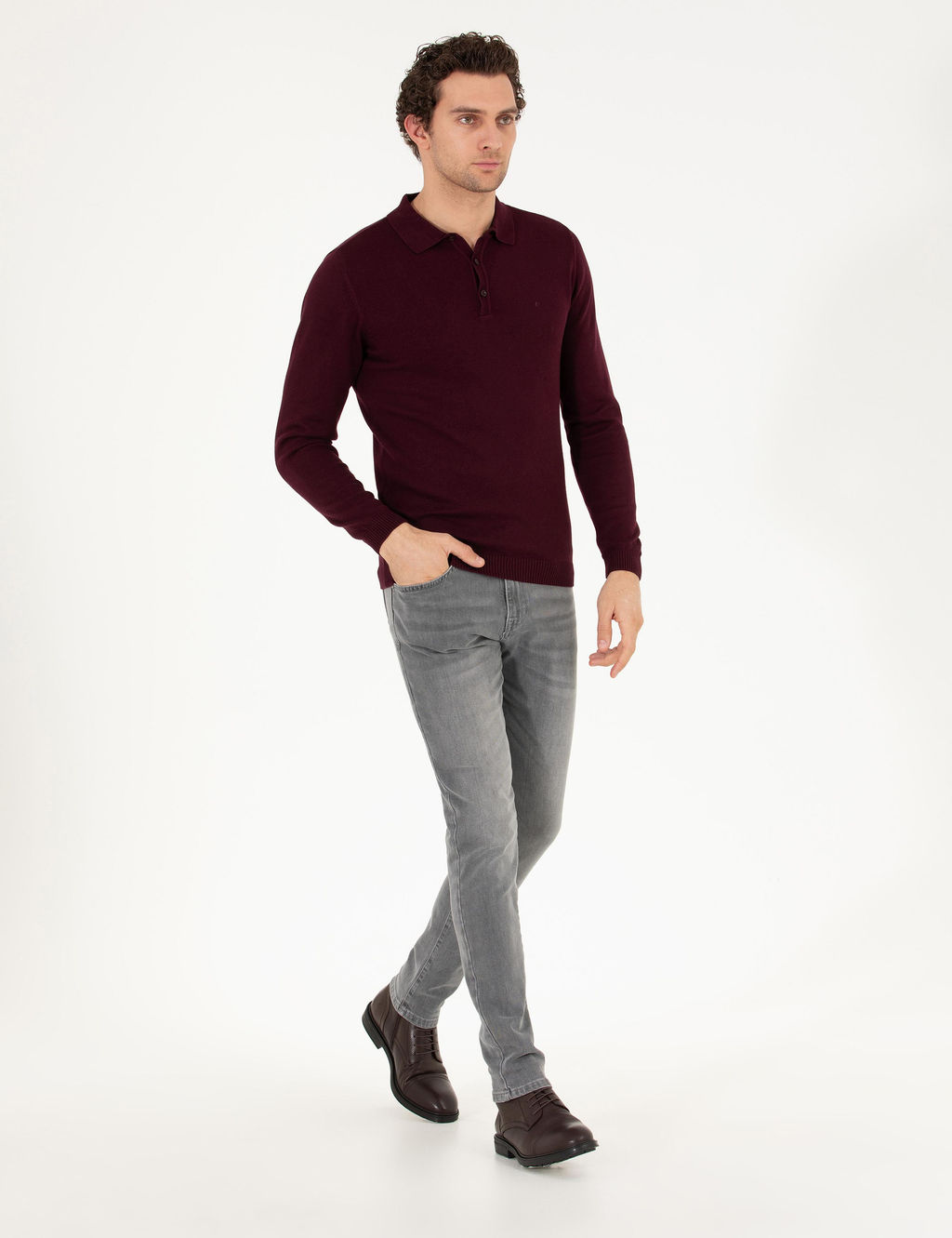 Бордово-красный базовый трикотажный свитер с воротником-поло приталенного кроя - Cacharel фото 11