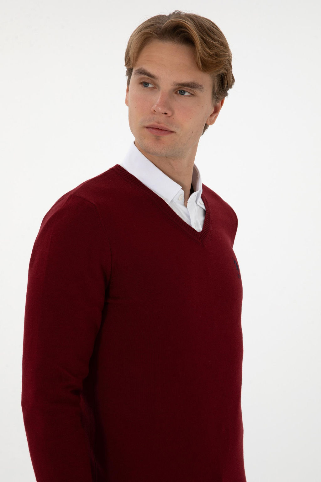 Erkek Slim Fit V Yaka Bordo Basic Kazak