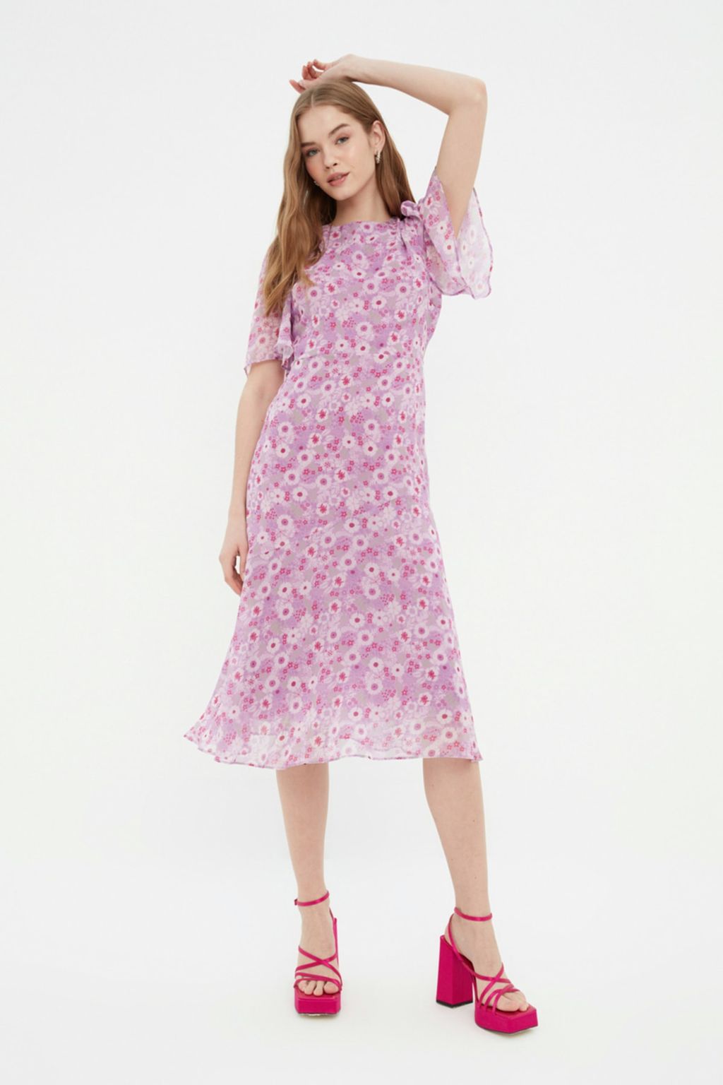 Lila Cicek Desenli A Kesim Astarl? Midi Dokuma Elbise TWOSS20EL0908