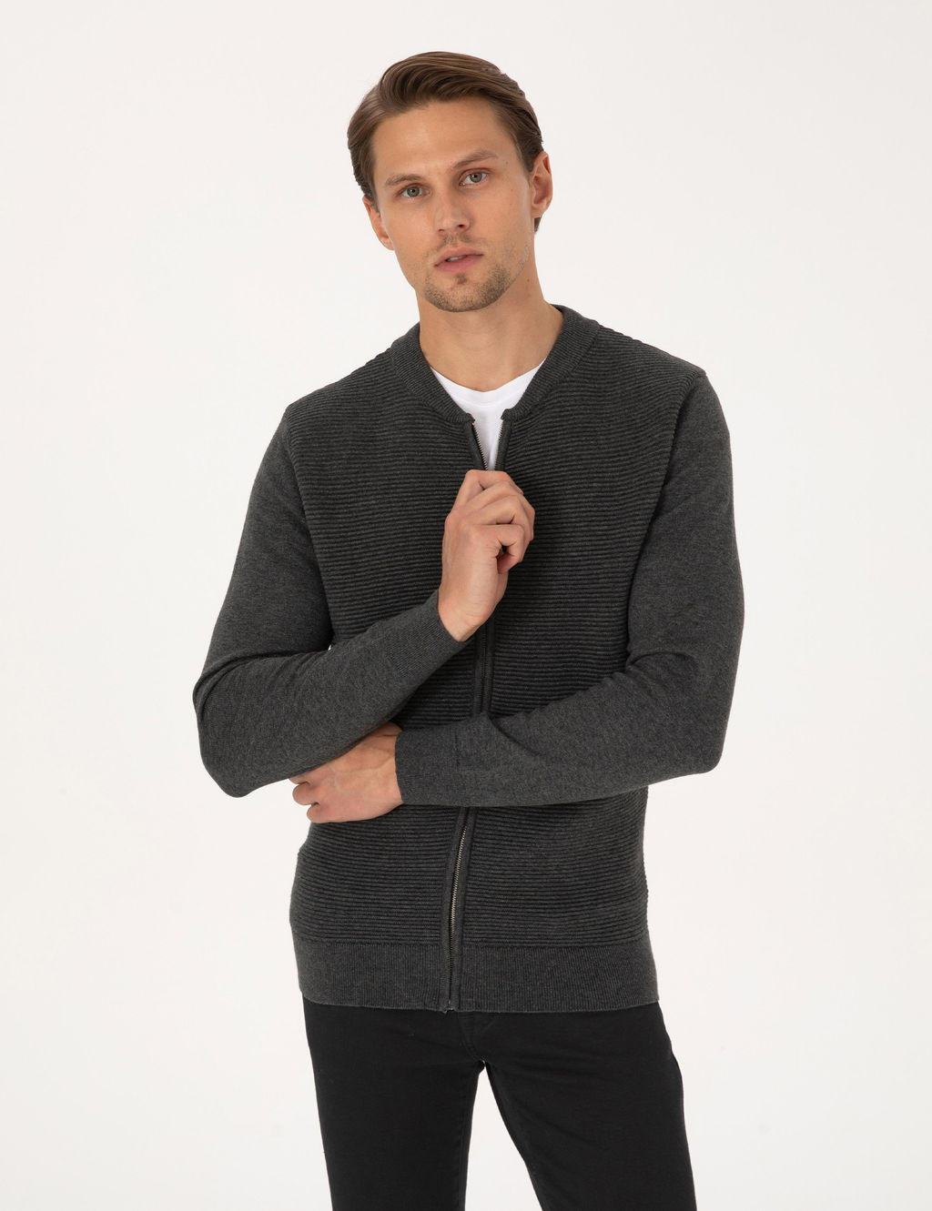 A__k Gri Melanj Slim Fit Fermuarl_ Triko H_rka - Pierre cardin фото 3