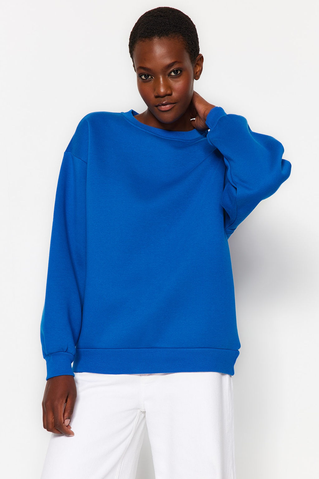 Saks Oversize/Rahat Kesim Basic Bisiklet Yaka Kal?n/Ici polarl? Orme Sweatshirt TWOAW24SW00102