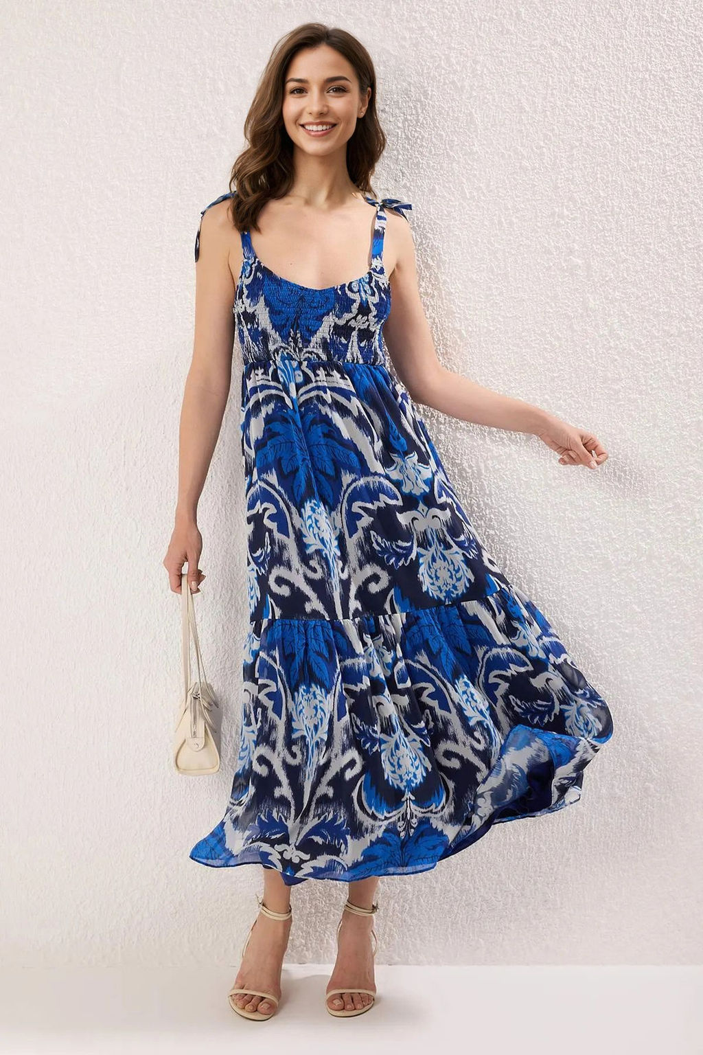 Trendyolmilla Kahverengi Sal Desen Etegi Belden Ac?lan Gipeli Maxi Dokuma Elbise TWOSS25EL00710 фото 6