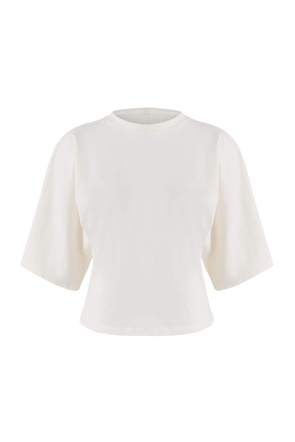 Wardrobe Essentials-Ekru Genis Kal?p Yarasa Kol %100 Pamuk Orme T-Shirt TWOSS26TS00047