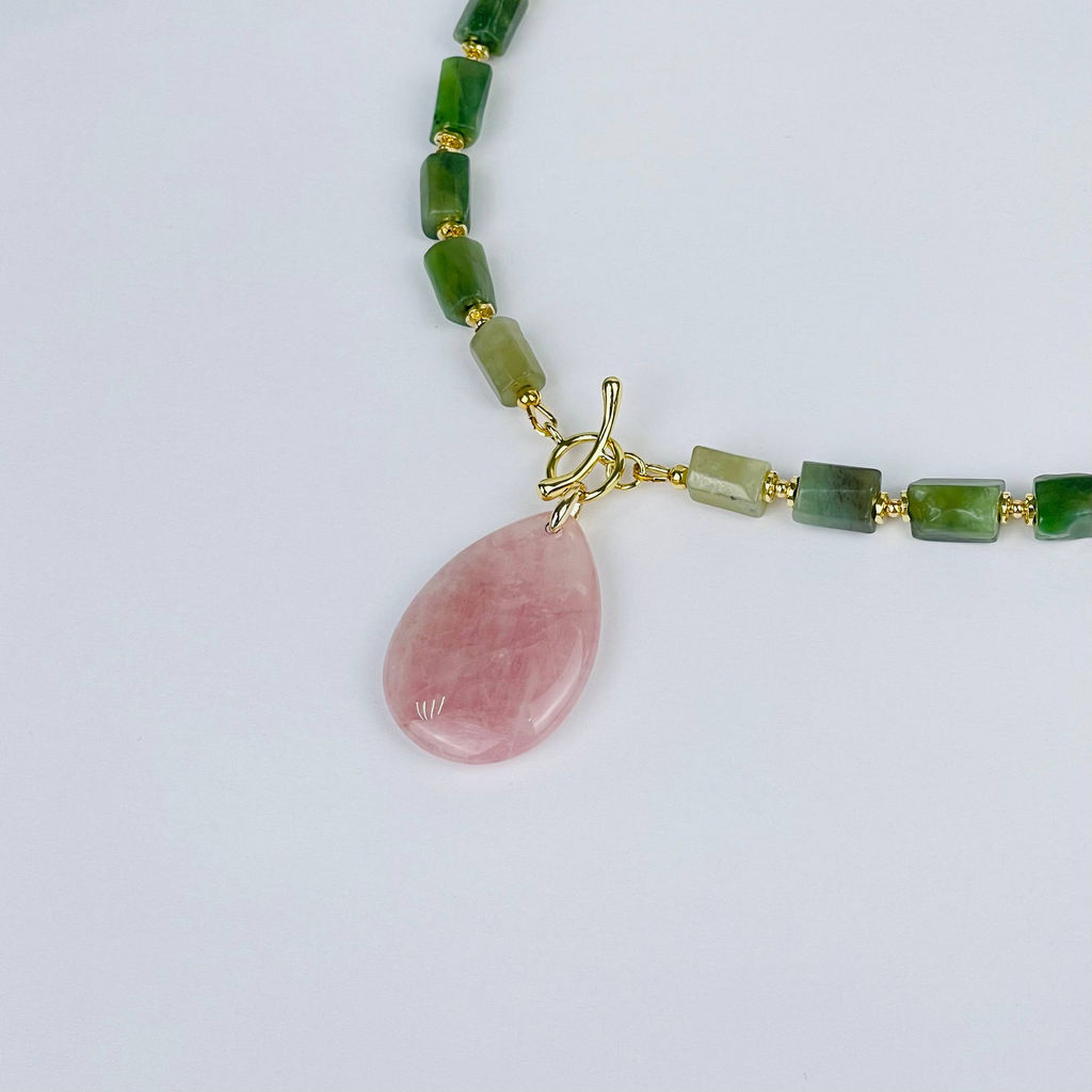 Колье из Нефрита и Розового кварца (градиент) 42 см
