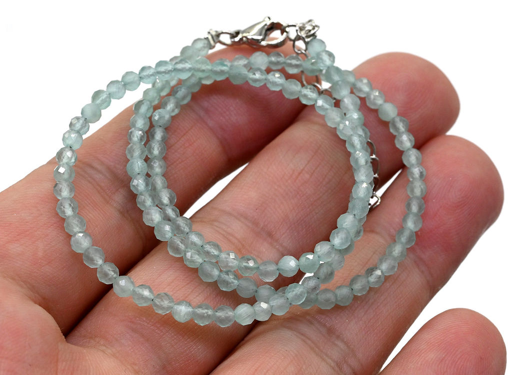 Чокер из улексита с эффектом кошачьего глаза шарик гр.3мм цвет мятный, 40см