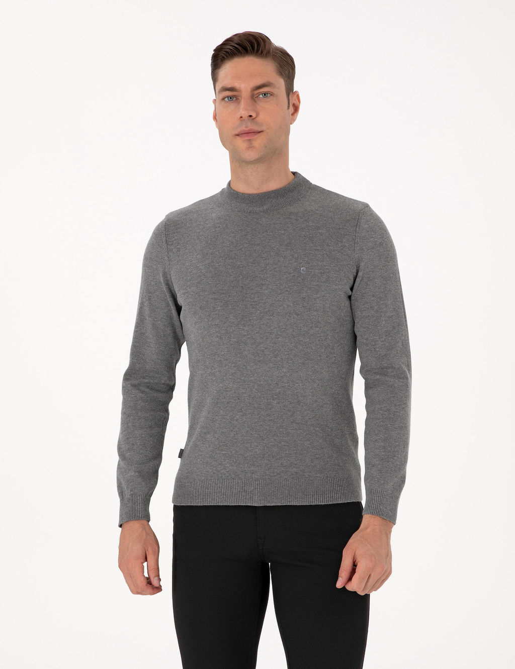 Gri Melanj Slim Fit _eyrek Yaka Basic Triko Kazak