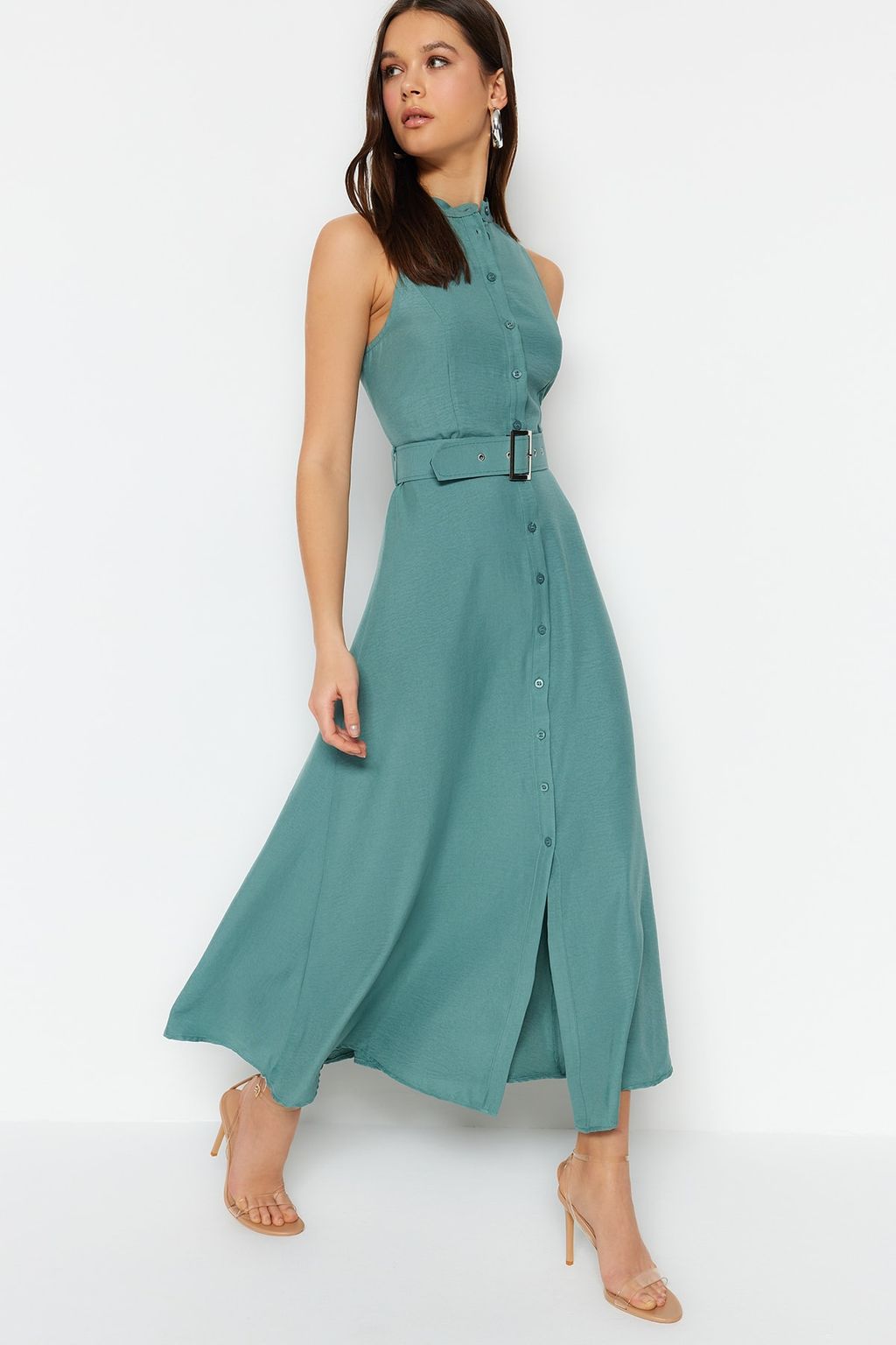 TRENDYOLMILLA Mint Kemerli Midi Dokuma Gomlek Elbise TWOSS23EL01628  фото 5