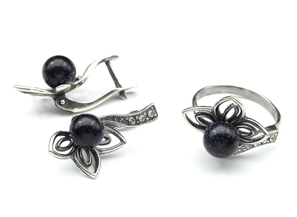 Кольцо Серьги с авантюрином синим имитация размер 19