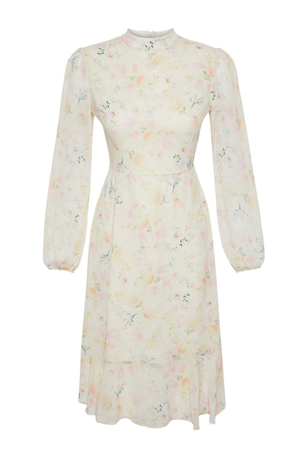 TRENDYOLMILLA Camel Dik Yakal? Etegi Volanl? Sifon Dokuma K?sl?k Elbise TWOAW20EL1313 фото 46