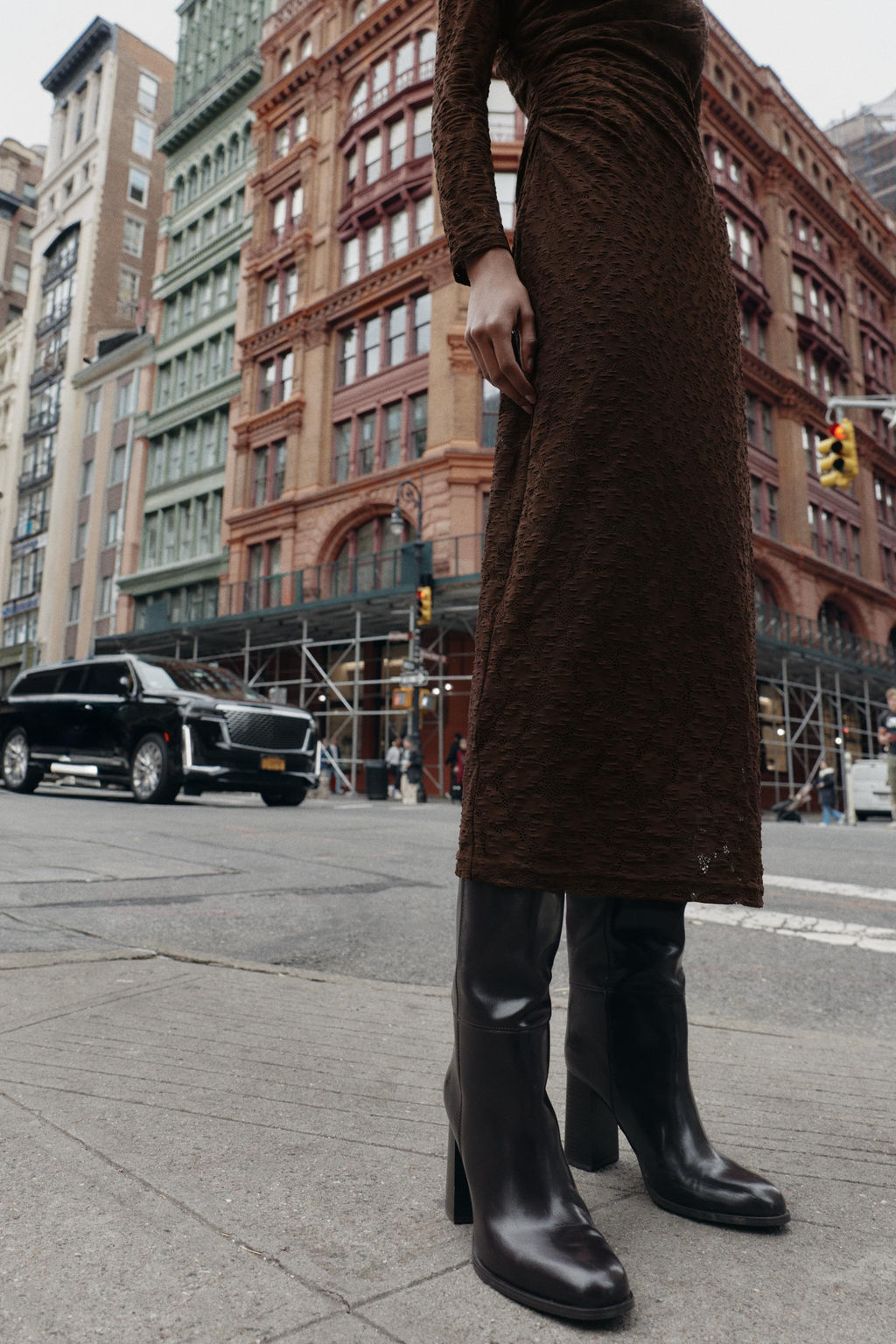 POINTELLE DRAPED MIDI DRESS