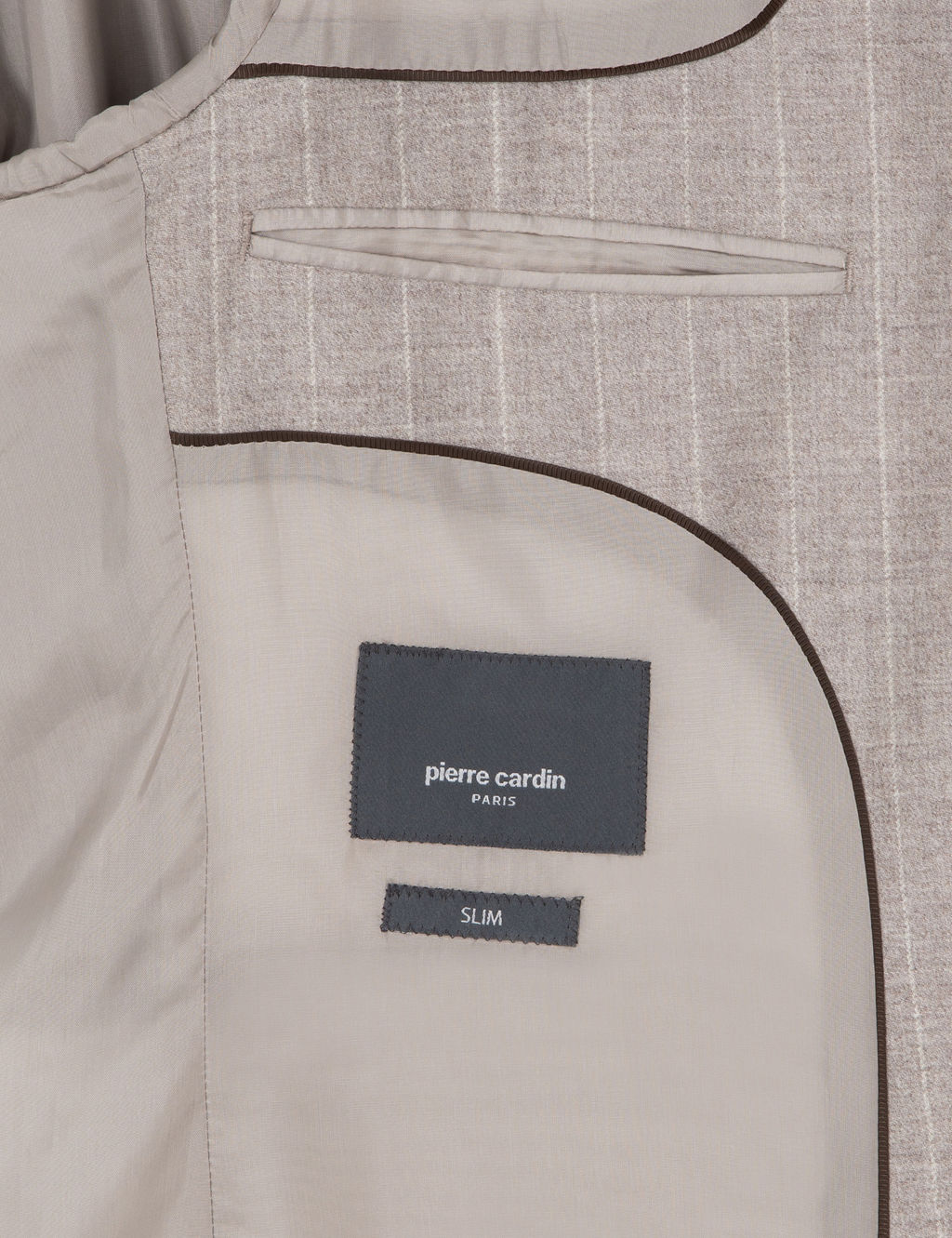 Bej Slim Fit _izgili Y_n Ka_mir Kar___ml_ Tak_m Elbise