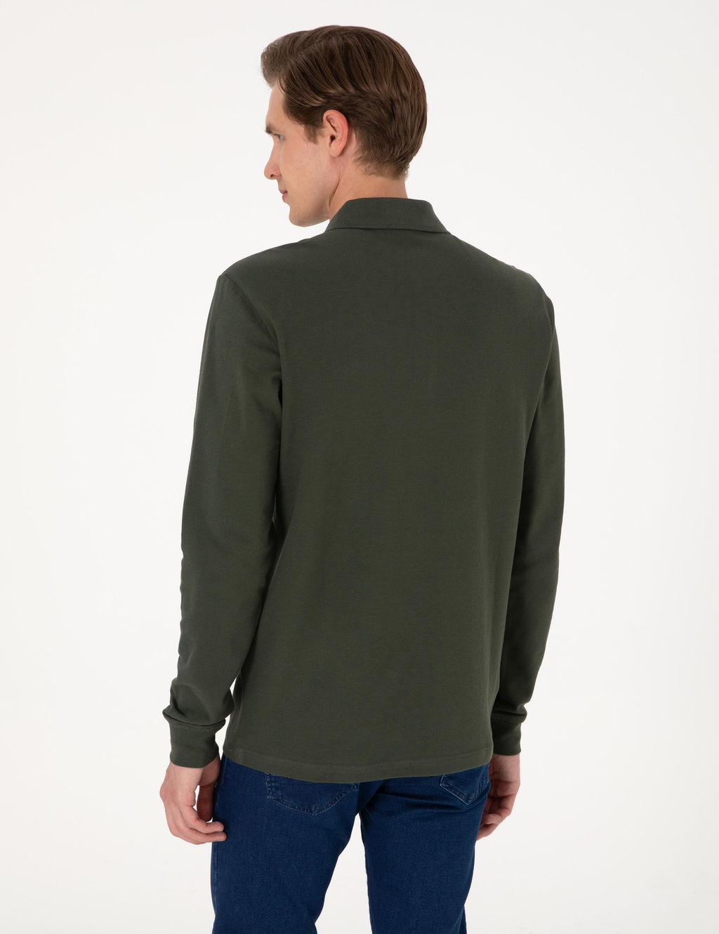 Koyu Ye_il Slim Fit K_vr_lmaz Polo Yaka Basic Pike Sweatshirt