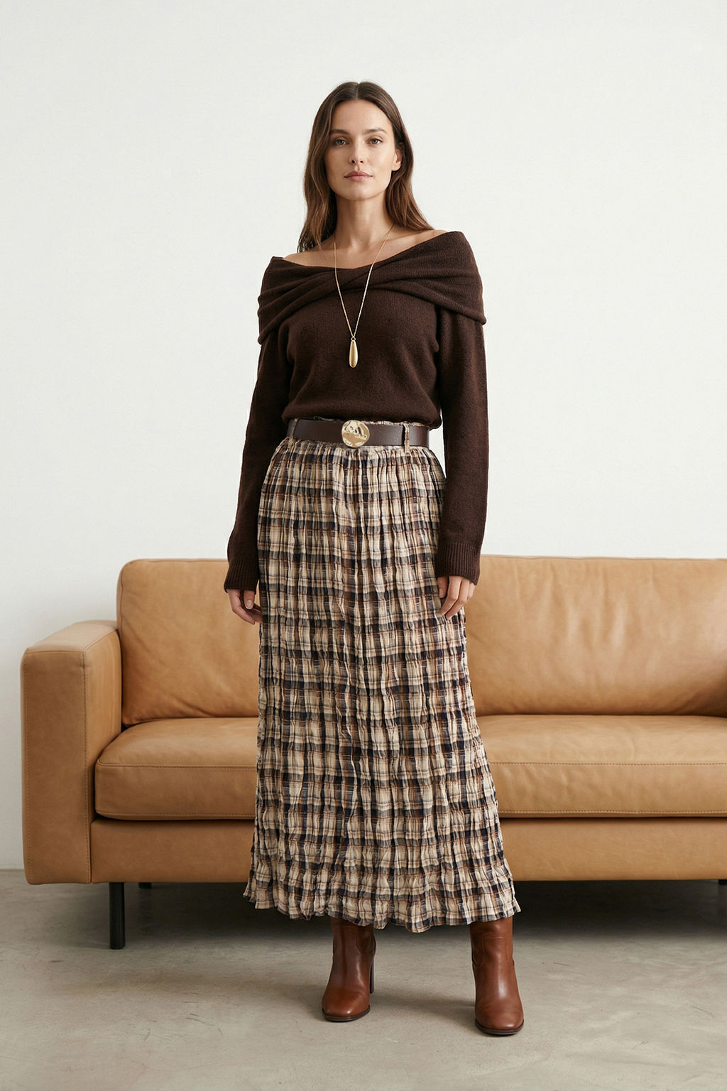 Cok Renkli Ekoseli Kemerli K?r?s?k Dokuma Uzun Maxi Etek TWOAW26ET00174 - Trendyolmilla фото 7