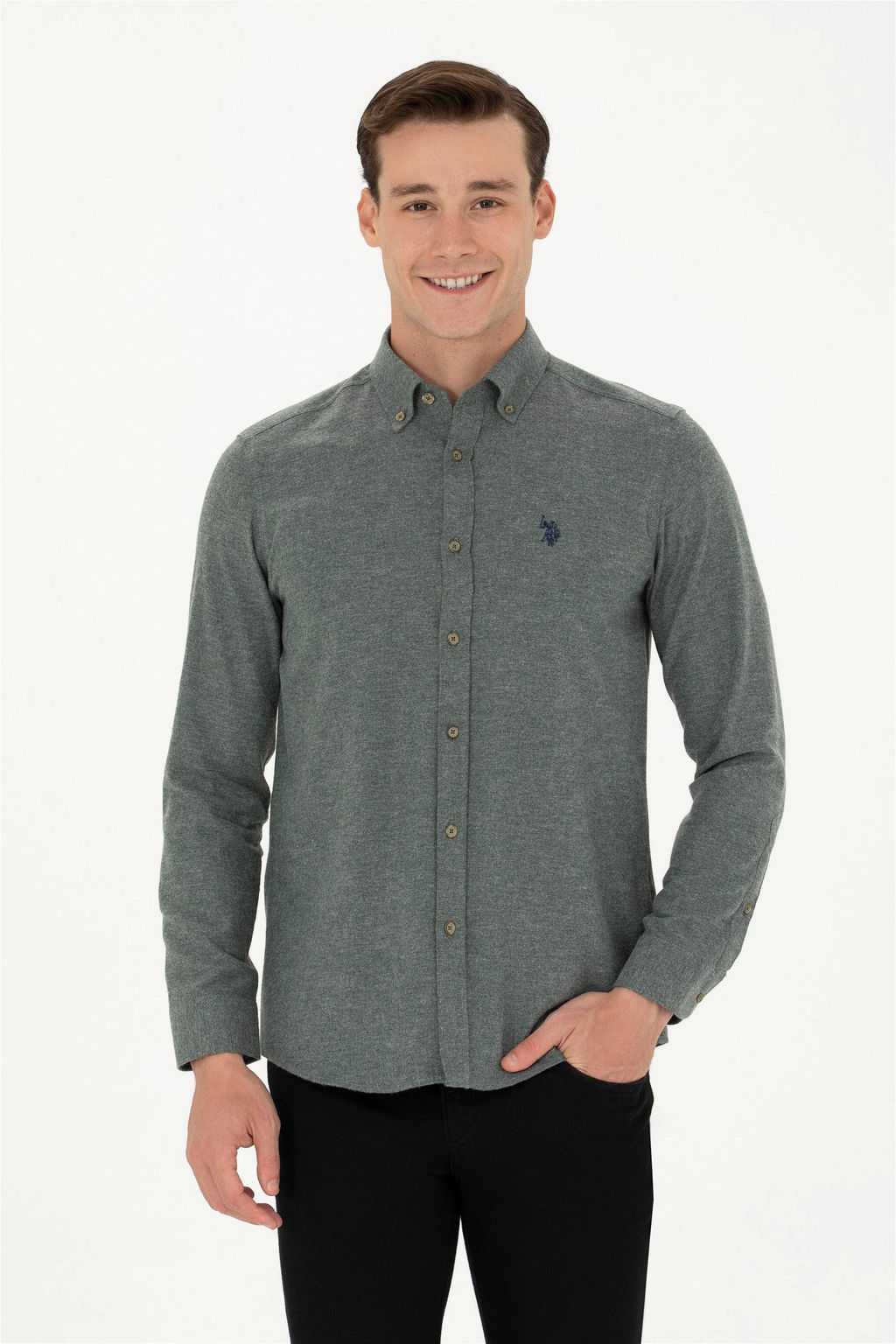 U. S. Polo Assn / Мужская темно-зеленая базовая рубашка с длинным рукавом