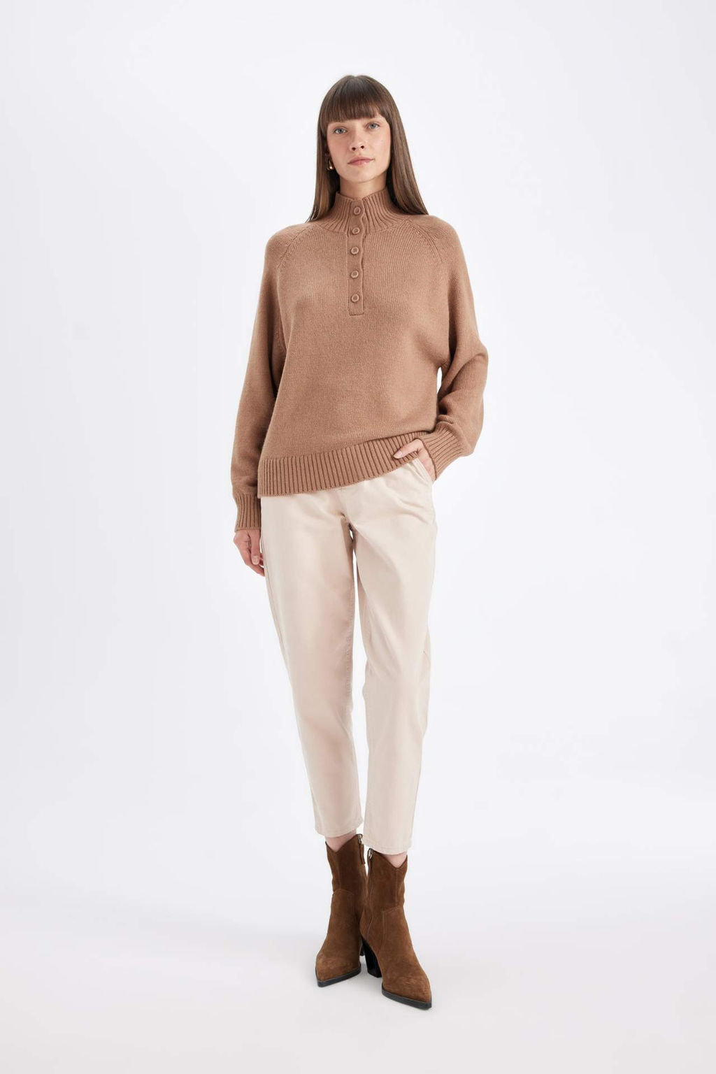 Paperbag Gabardin Pantolon Yuksek Bel Cepli Basic Duz Standart Paca - Defacto фото 3