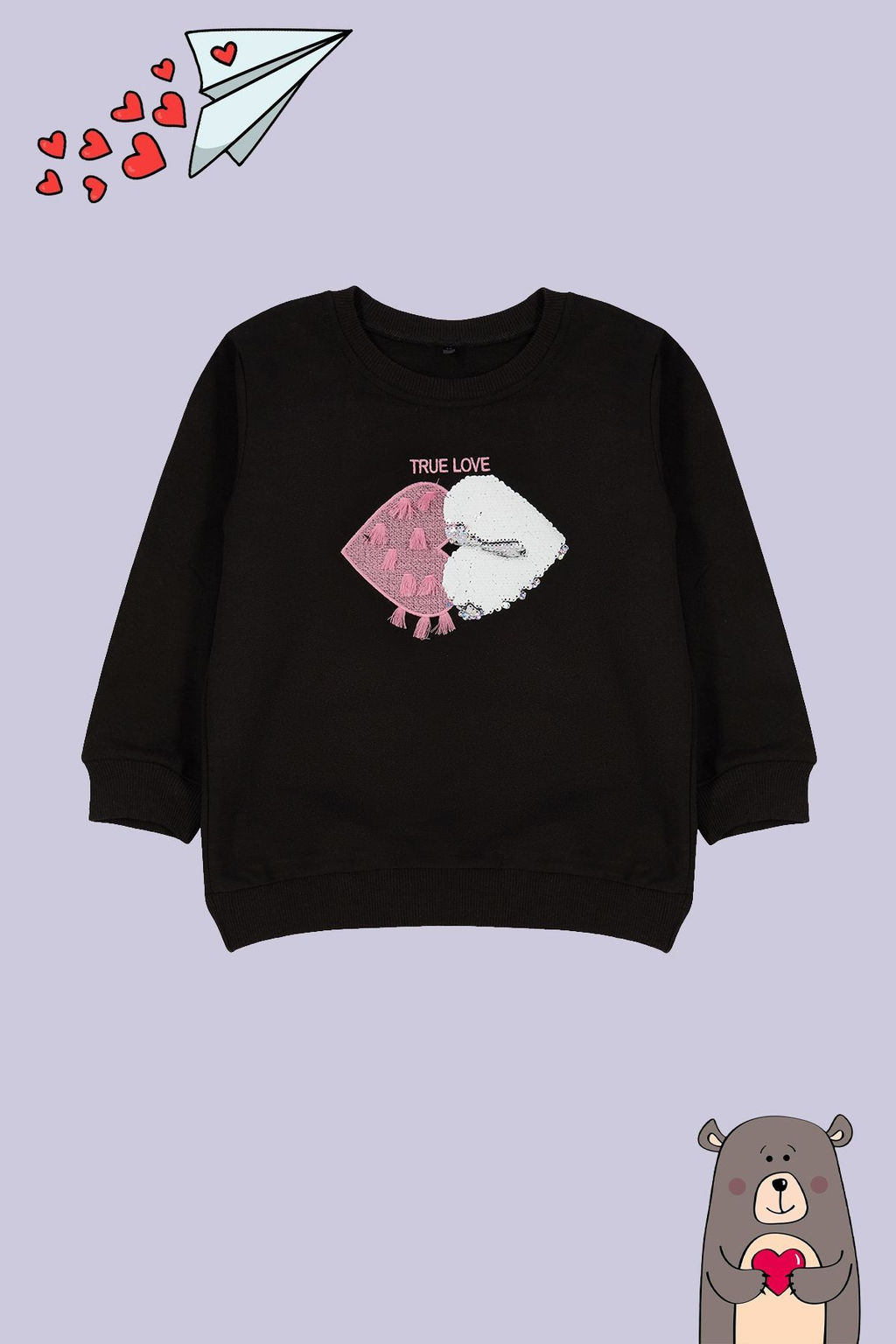 Siyah*001 K?z Cocuk Mevsimlik-Ince Kalp Desenli Orme Sweatshirt TKDAW25SW00001