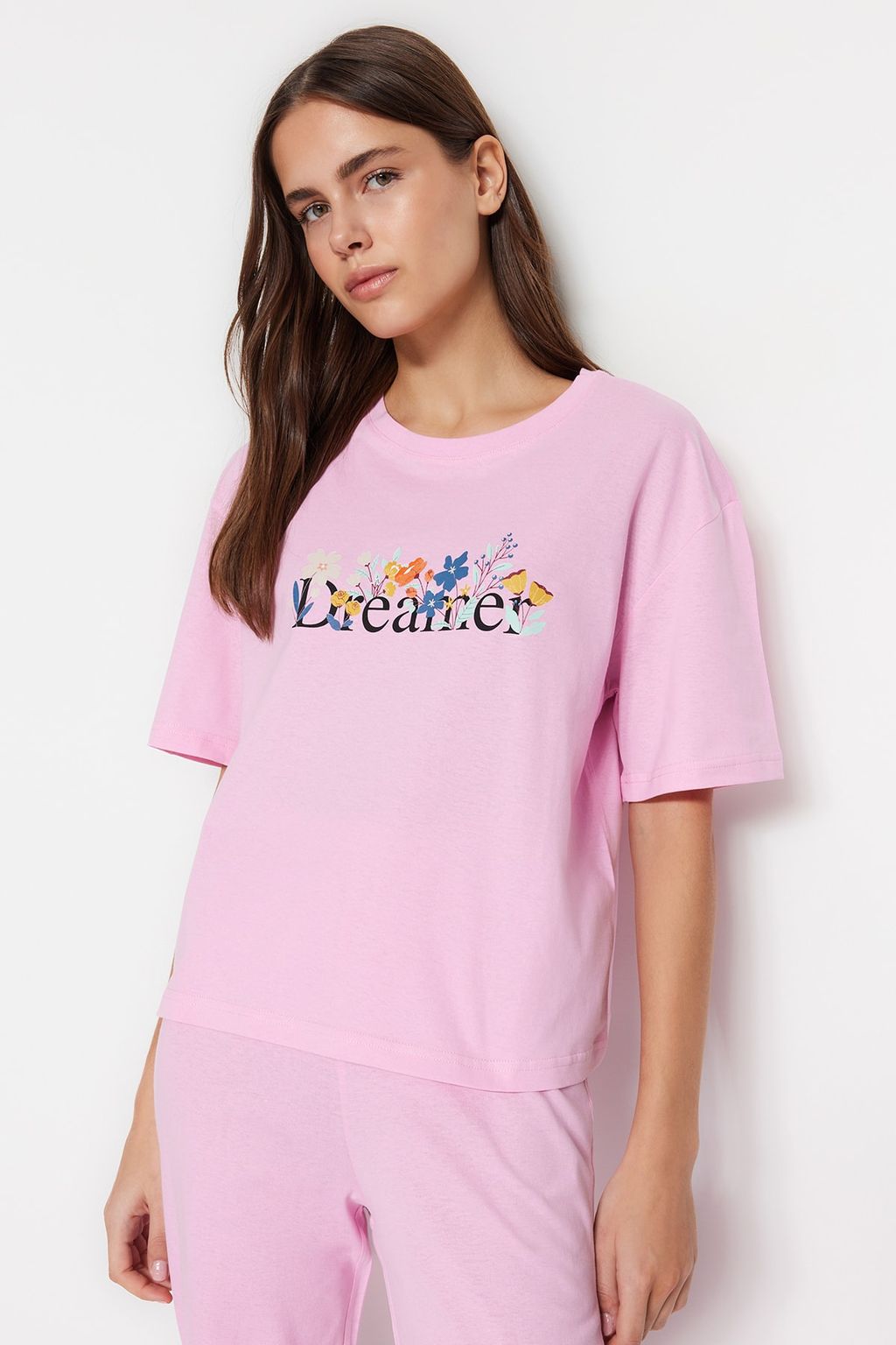 Trendyolmilla Lila %100 Pamuklu Eglenceli Bask?l? T-shirt-Pantolon Orme Pijama Tak?m? THMSS23PT00134  фото 43