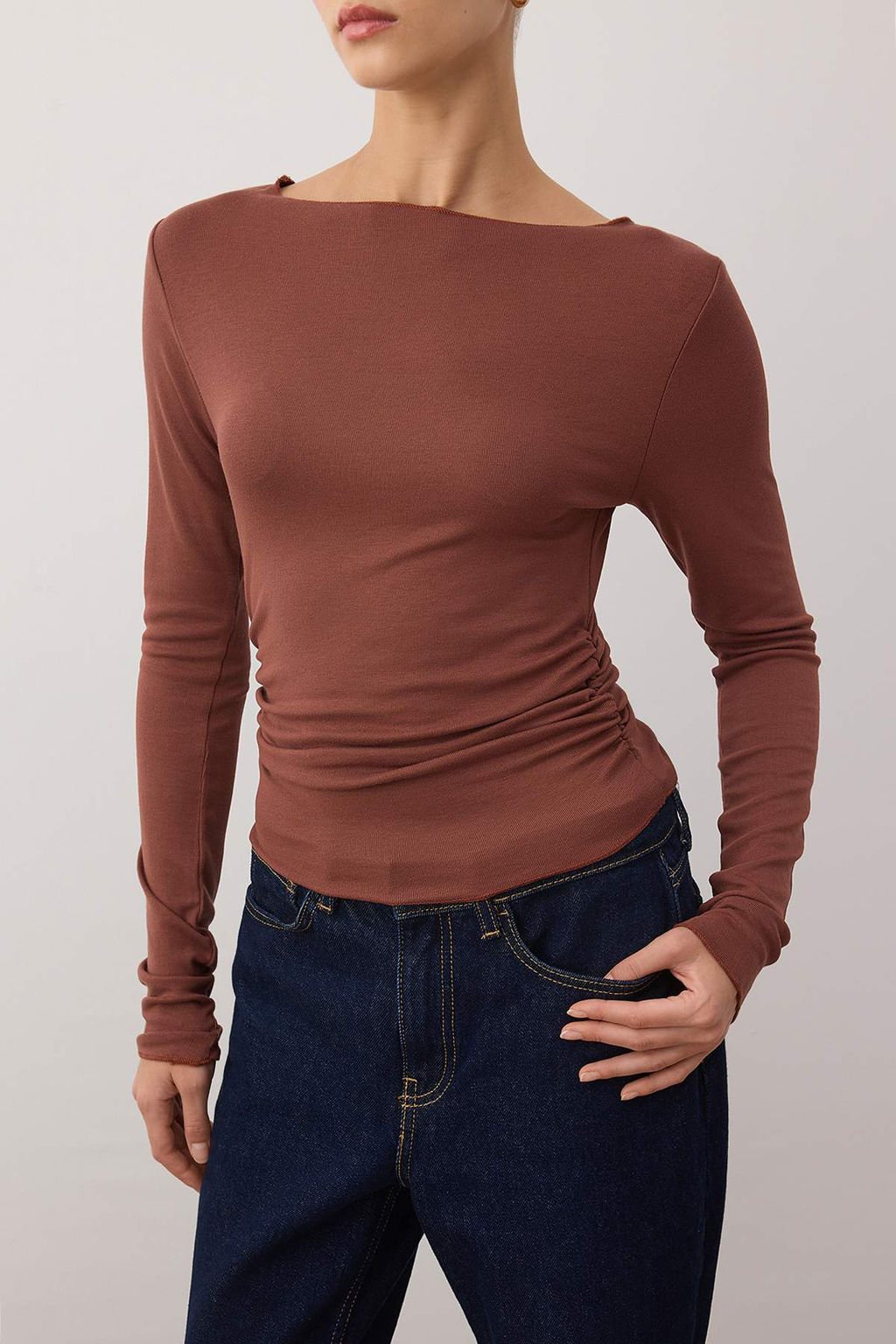 Kahverengi*001 Duz Fitted/Vucuda Oturan Buzgu Detayl? Esnek Orme Bluz TWOAW25BZ00225