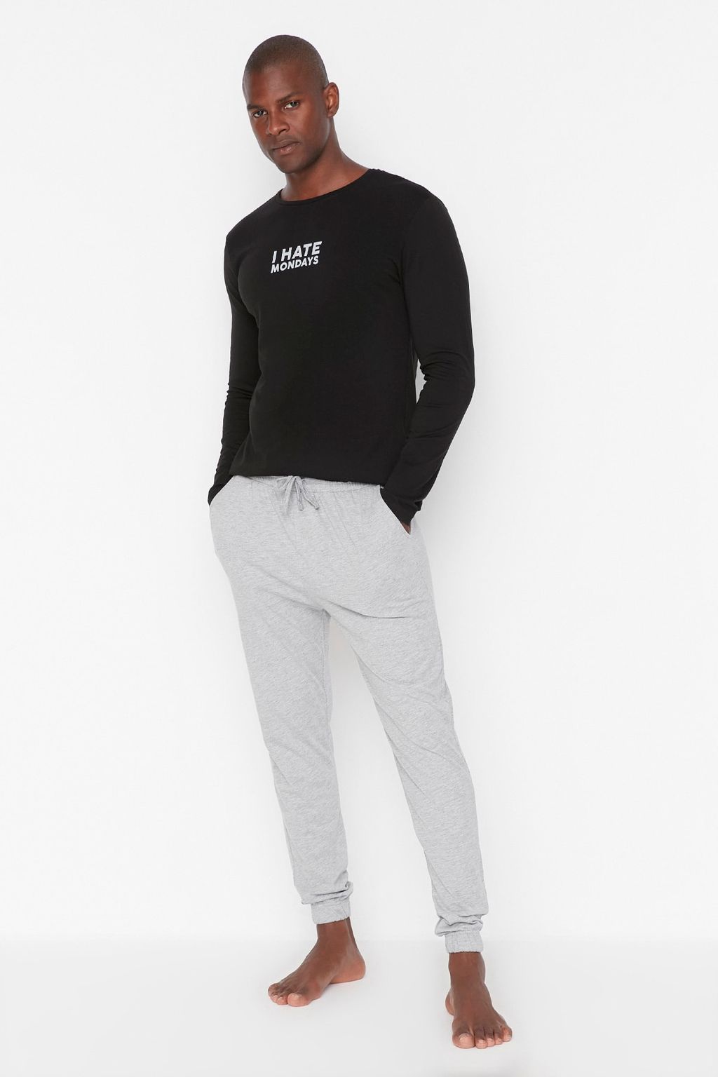 Siyah %100 Pamuk Slogan Bask?l? Regular Fit Orme Pijama Tak?m? TMNAW23PT00017 - Trendyolmilla фото 7