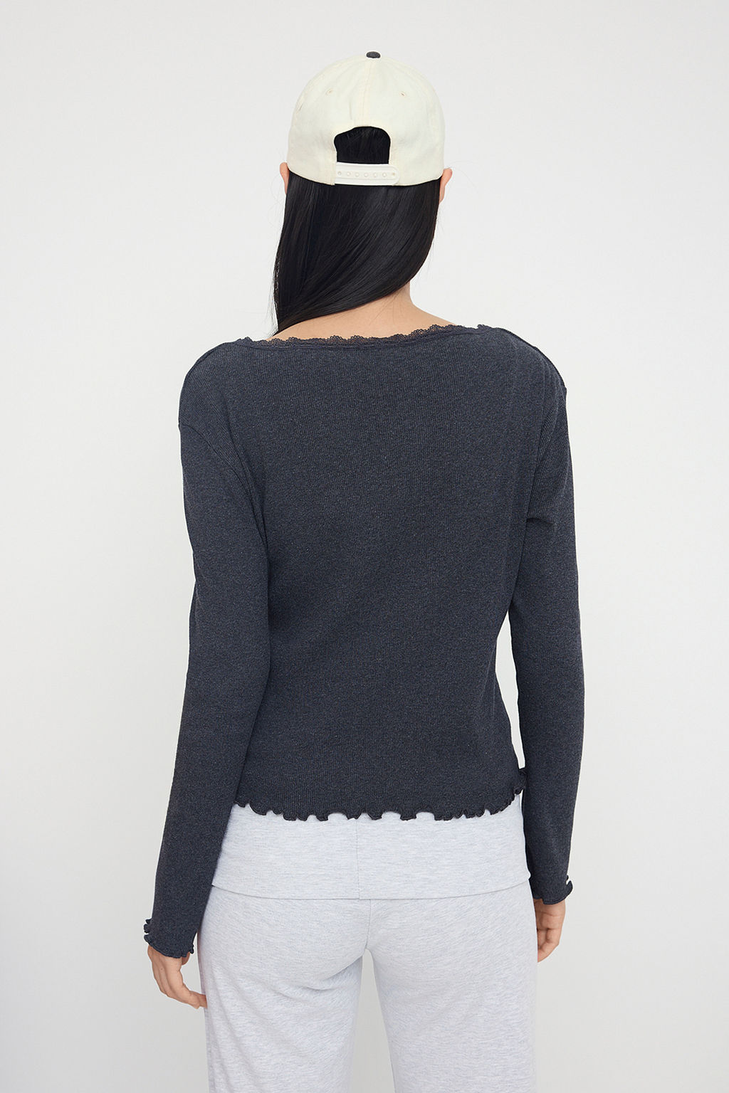 Teen Antrasit 2li Fitted/Vucuda Oturan Dugme Detayl? Fitilli Esnek Orme Bluz TWOAW26BZ00109