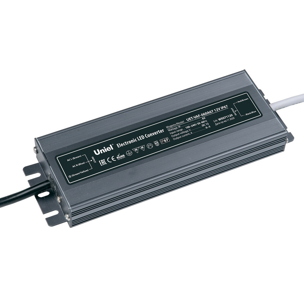 UET-VAF-060A67 12V IP67 Блок питания ультратонкий, 60Вт. Металлический корпус. TM Uniel