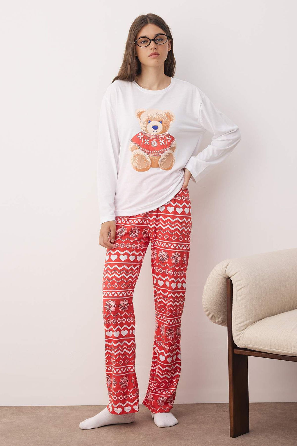 K?rm?z?-Beyaz Ay?c?kl? K?s Temal? Orme Pijama Tak?m? THMAW26PT00047 - Trendyolmilla фото 2