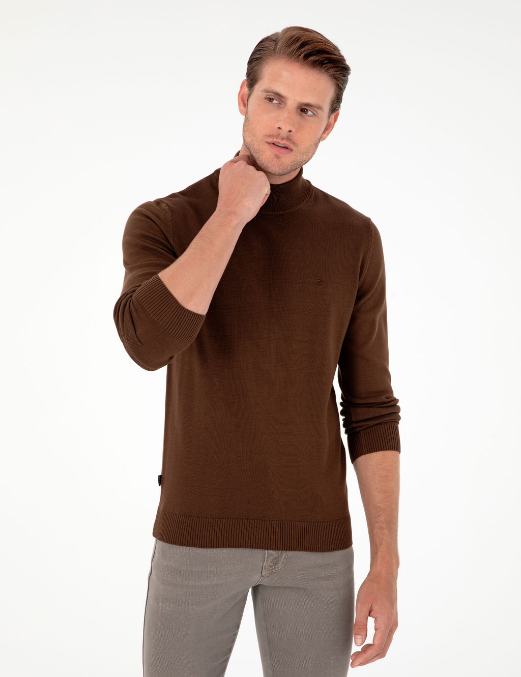 Koyu Kahverengi Slim Fit Yar_m Bal_k__ Yaka Basic Triko Kazak