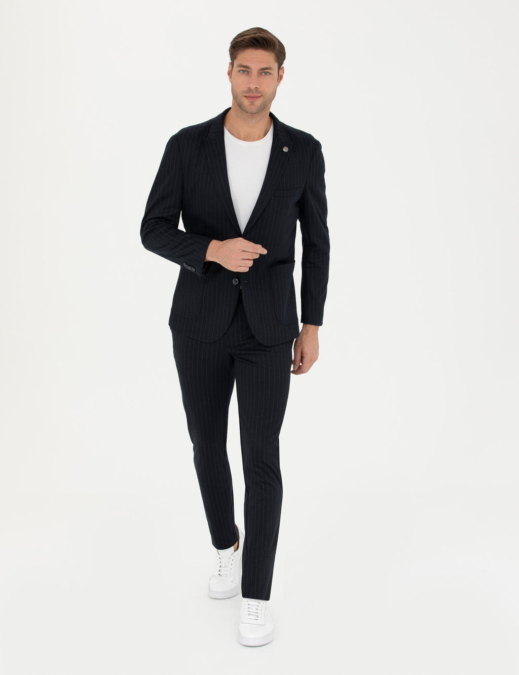 Lacivert Ekstra Slim Fit Y_n Kar___ml_ _izgili Tak_m Elbise