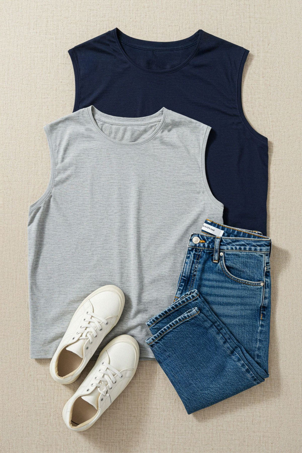 TRENDYOL MAN Basic Lacivert-Gri 2li Paket Oversize/Genis Kesim Pamuklu Kolsuz T-Shirt/Atlet TMNSS22AL0070
