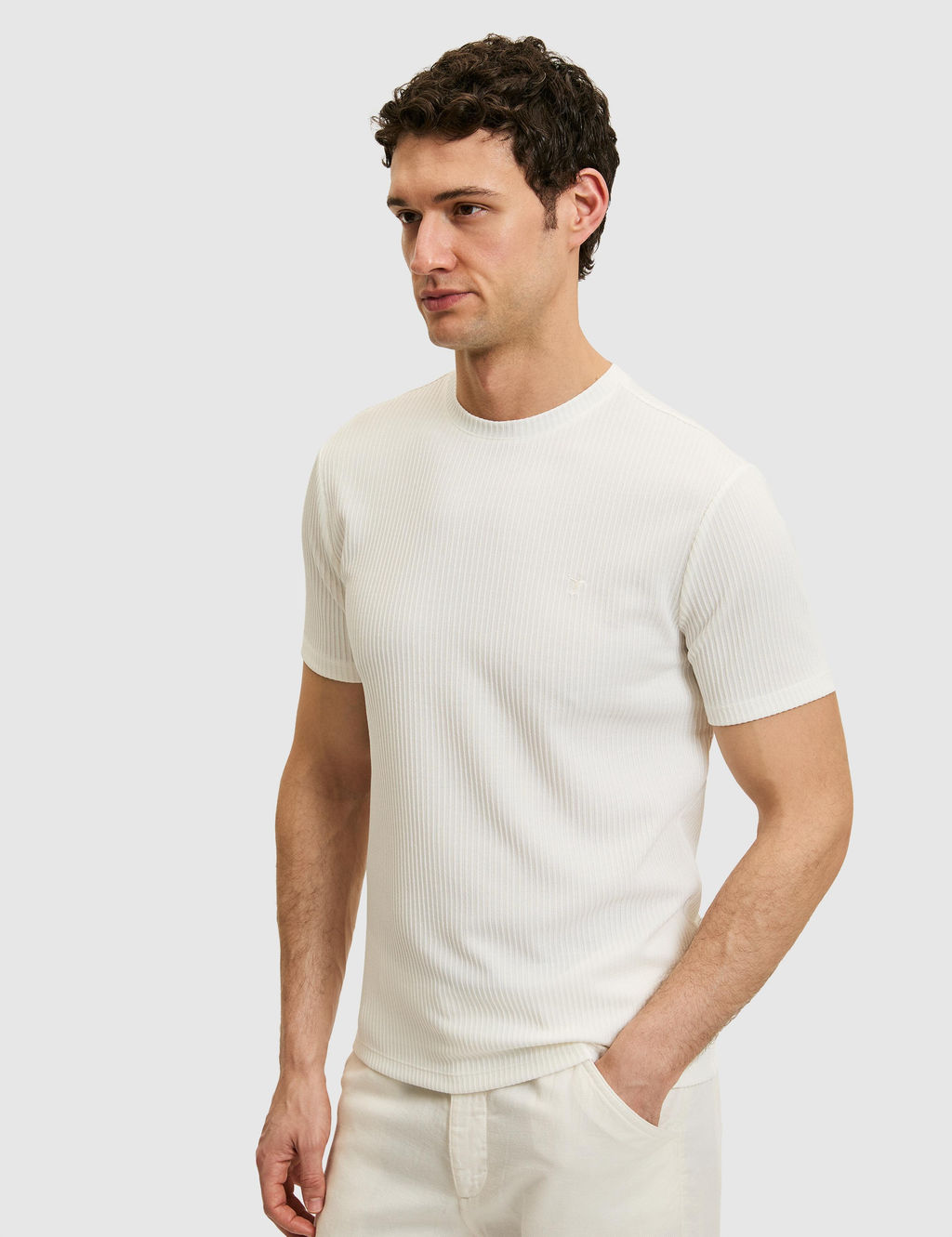 Beyaz Slim Fit Dokulu Bisiklet Yaka T-shirt