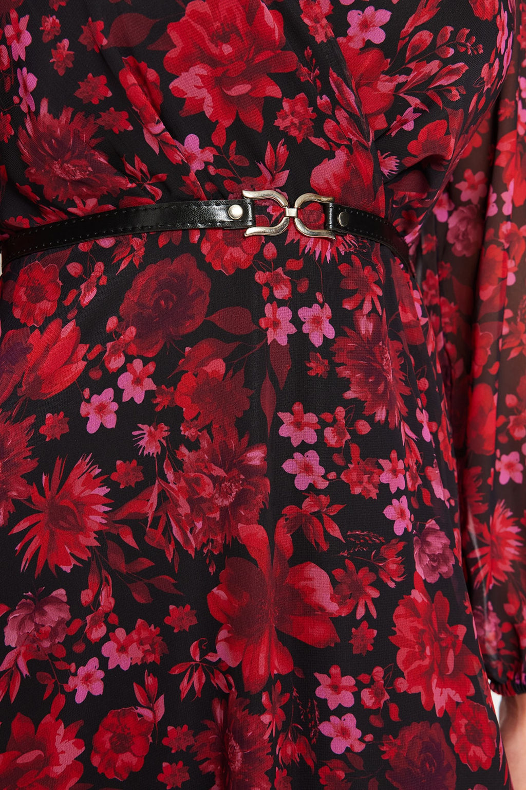 TRENDYOLMILLA Bordo Kemerli A Kesim Midi Kruvaze Yaka Desenli Sifon Dokuma Elbise TWOAW24EL00660  фото 14