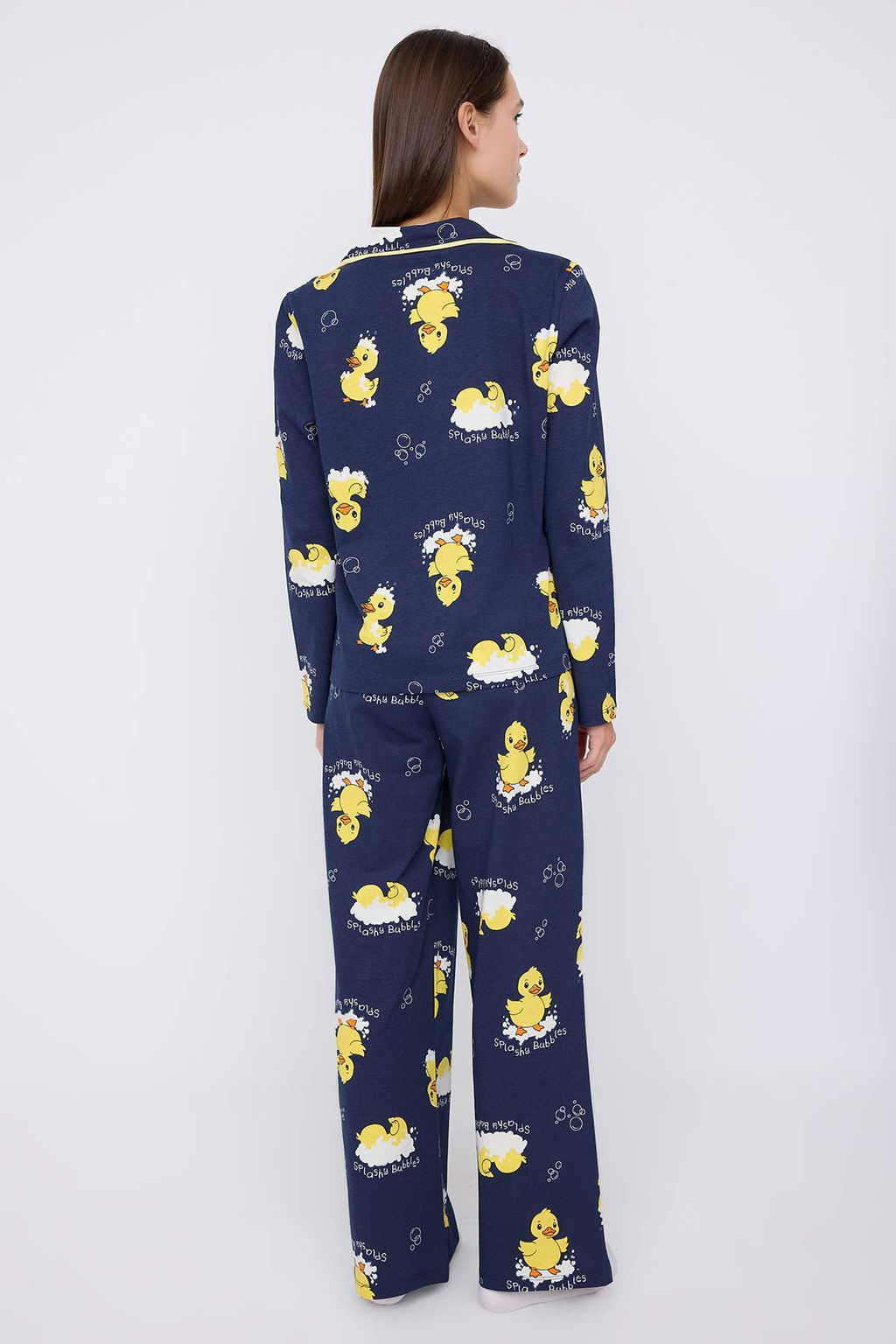 Teen Lacivert %100 Pamuklu Ordek Desenli Biyeli Orme Pijama Tak?m? THMAW26PT00117 - Trendyolmilla фото 4