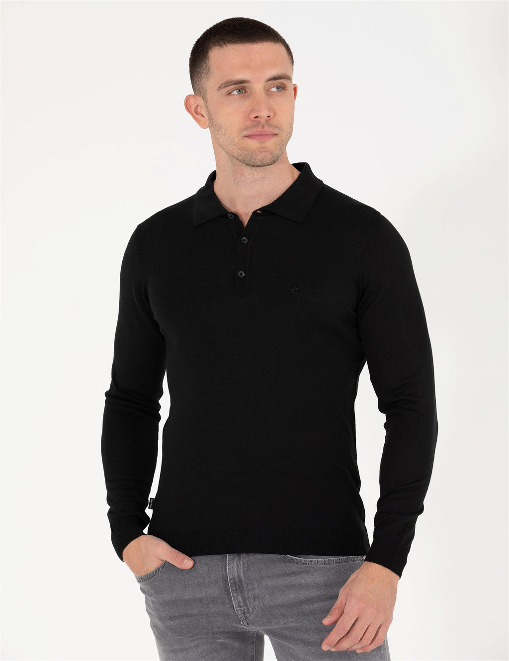 Siyah Slim Fit Polo Yaka Y_n Kar___ml_ Basic Triko Kazak - Pierre cardin фото 4